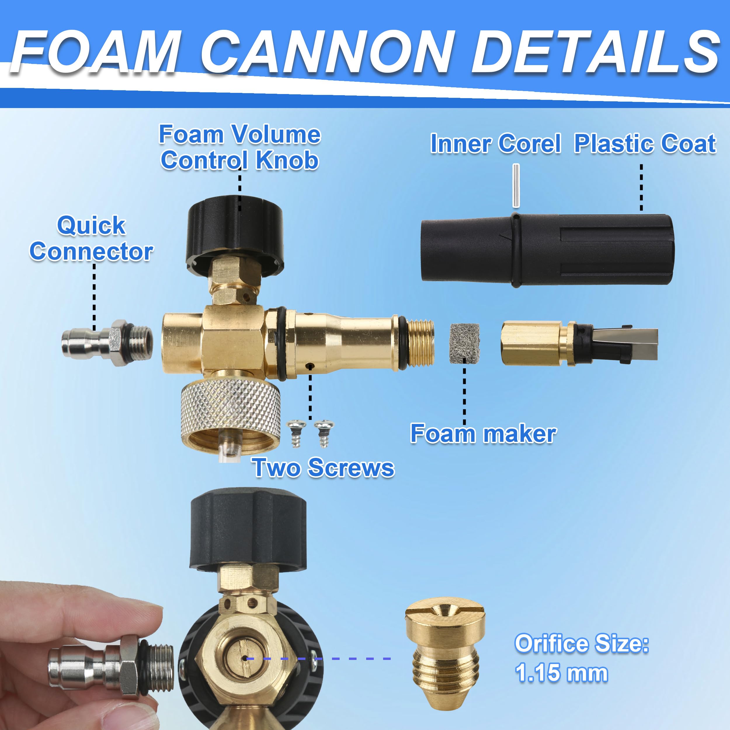 Tool Daily Cañón de espuma con accesorio de doble conector, conector rápido de 1/4 pulgadas, 5 boquillas de lavado a presión, 1 litro