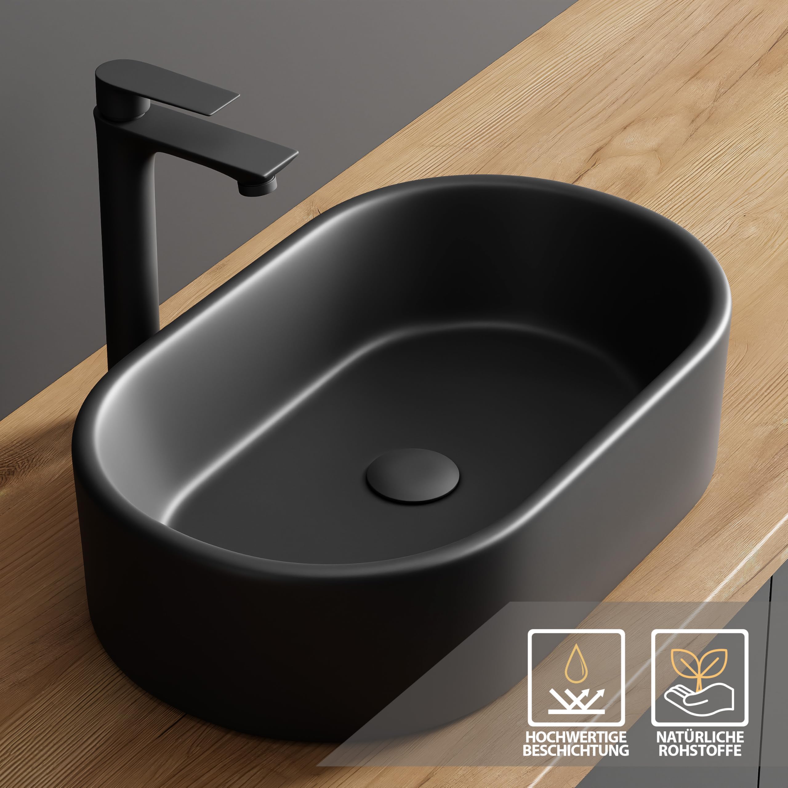 Planetmöbel Aquil Elegante lavabo ovale | Lavabo da appoggio per bagno e WC degli ospiti | Lavabo a mano senza foro per rubinetto e troppopieno, nero, 55 x 34 x 14 cm