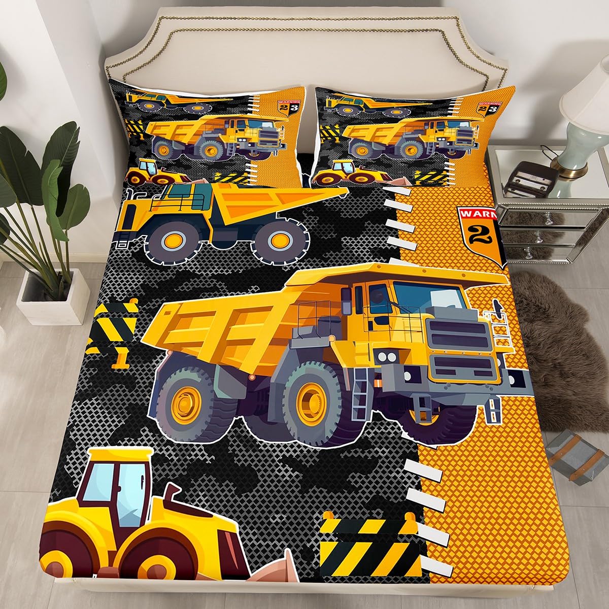 Cartoon Truck Boys Fitted Sheet,Yellow Excavator Engineering Vehicle Bedding Set for Kids Teens,Gray Camo Yellow Patchwork Plaid Bed Cover with 2 Pillowcases(No Top Sheet),Queen Size 3 Pcs