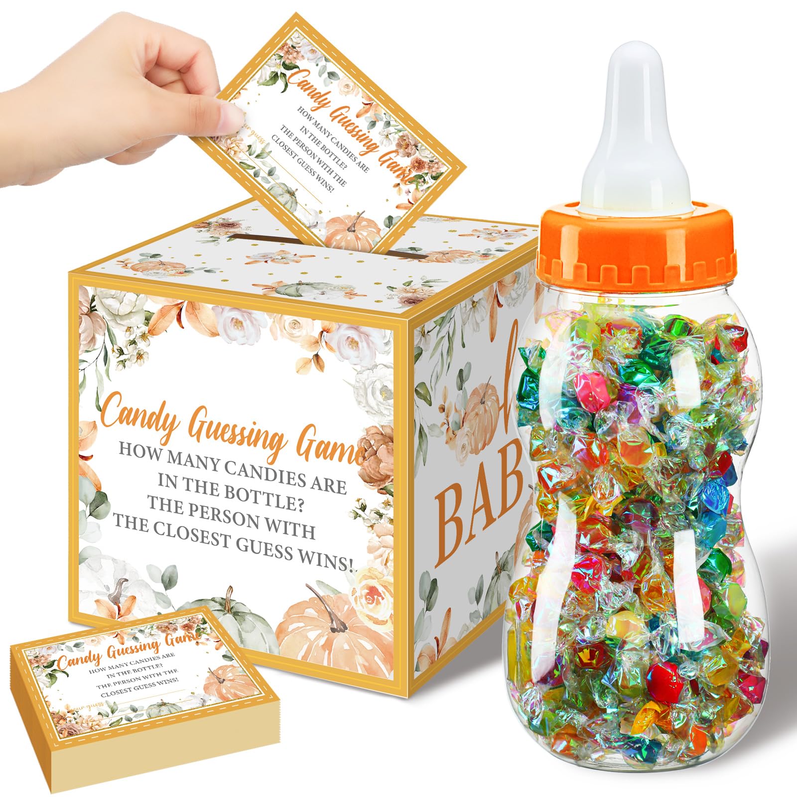 Glenmal 52 Pcs Baby Shower Games Gift Sets Large Baby Bottle for Shower Game Guess How Many Candies Decorations for Gender Reveal(Little Pumpkin)