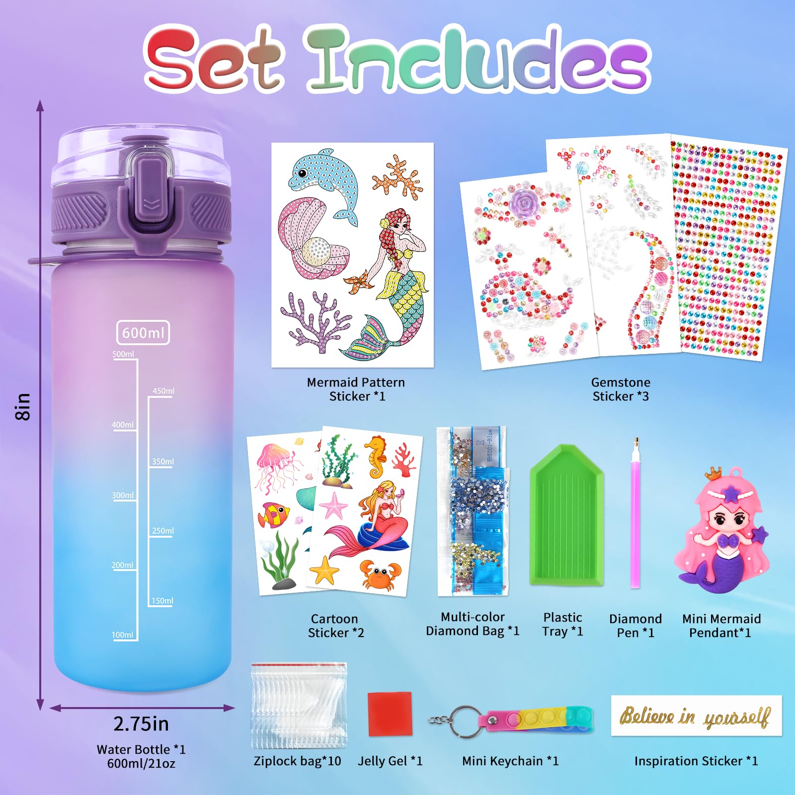 Decora tu propia botella de agua para niñas de 4 a 6 a 8 a 10 años, juguetes de sirena para niñas, manualidades de pintura, divertidos kits de artes y manualidades, regalos de cumpleaños y Navidad 2
