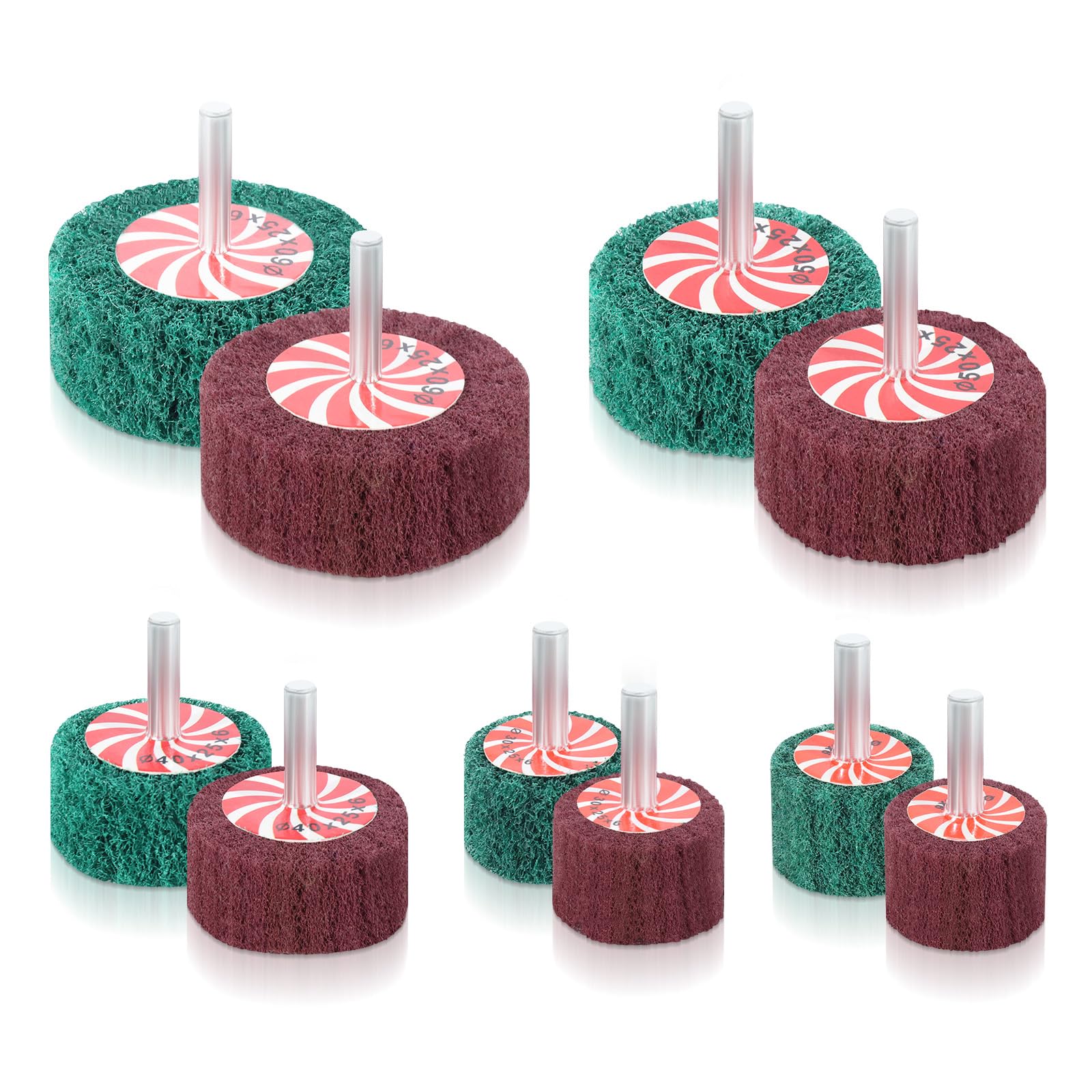 Juego de 10 Muelas Abrasivas Para Amoladoras Angulares – 5 Granos (P180 y P240), 5 Tamaños (25-60 mm) en PVC para Taladros, Atornilladores Inalámbricos y Herramientas Rotativas, Brocas de Rodillo