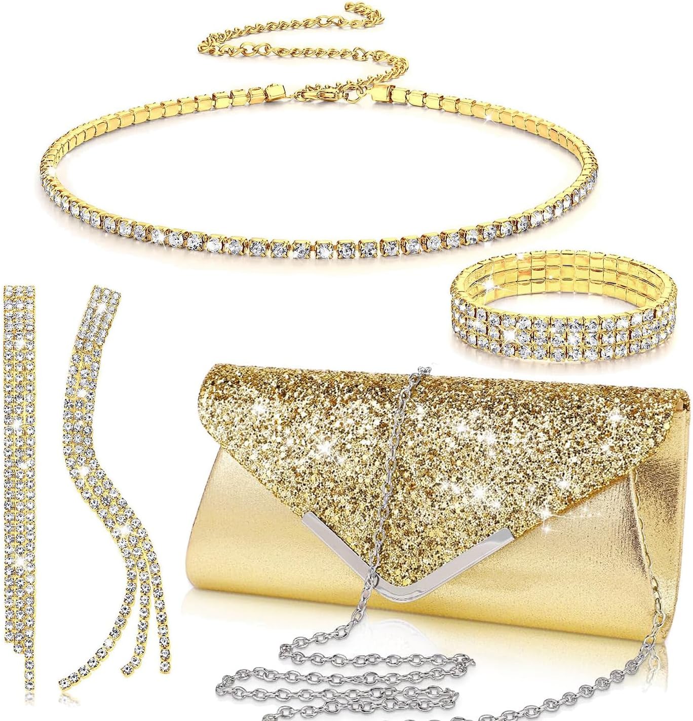 Ranfare Women Rhinestone Evening Clutch Bag Bling Earring Necklace Bracelet for Wedding Formal