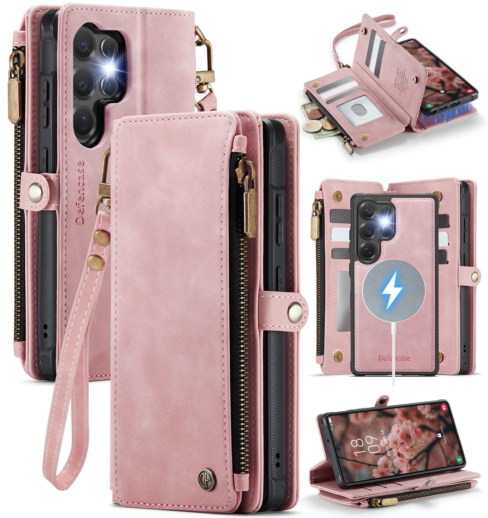 Photo 1 of Defencase for Samsung Galaxy S23 Ultra Magnetic Wallet Case Compatible with Magsafe with RFID Blocking Zipper & Card Holder Women, PU Leather Detachable Phone Case for Galaxy S23 Ultra 6.8", Rose Pink