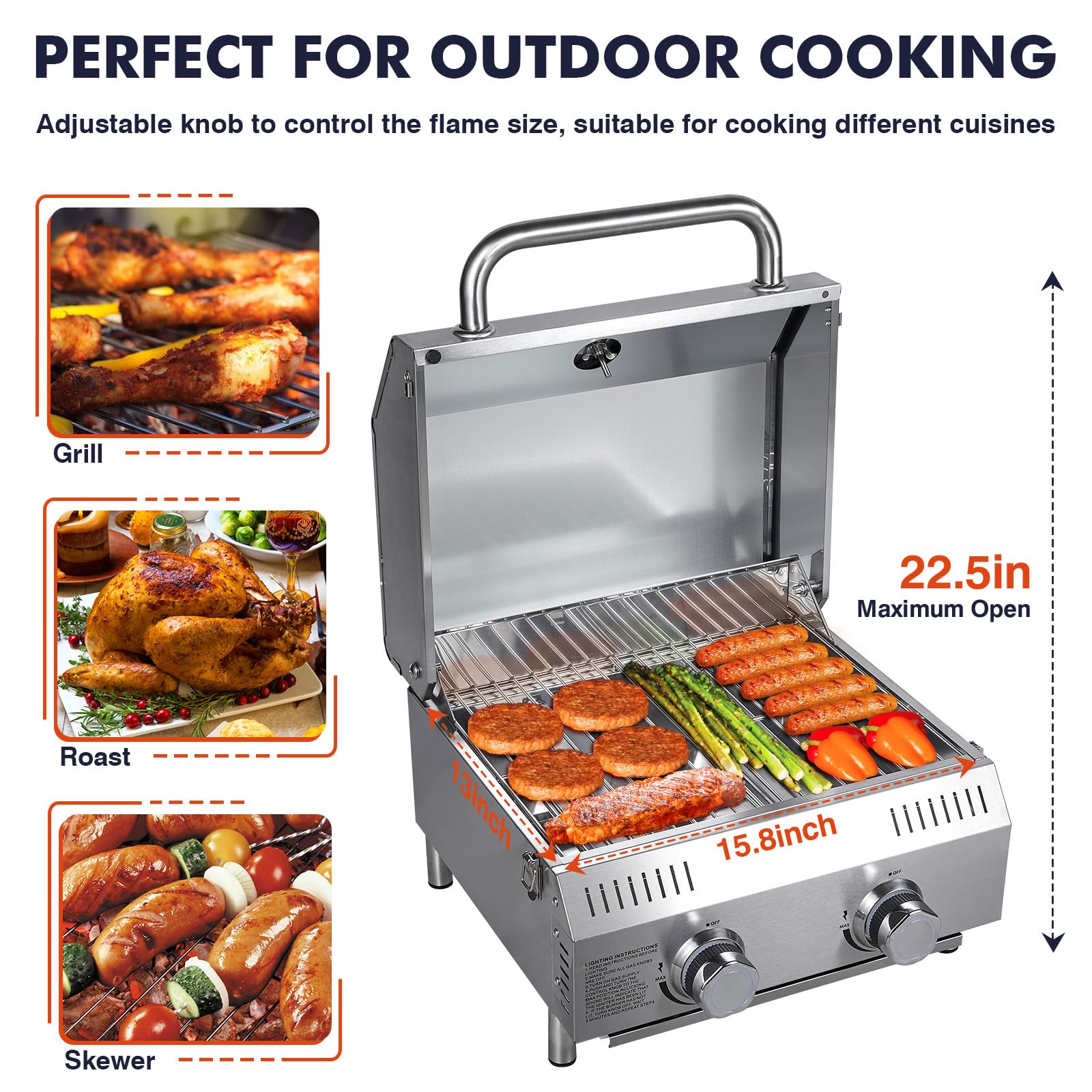 Llamaviva - Parrilla de gas de mesa de 2 quemadores, parrilla de propano portátil de acero inoxidable de 20,000 BTU con patas para portón trasero, patio al aire libre, campamento y viajes de caravana