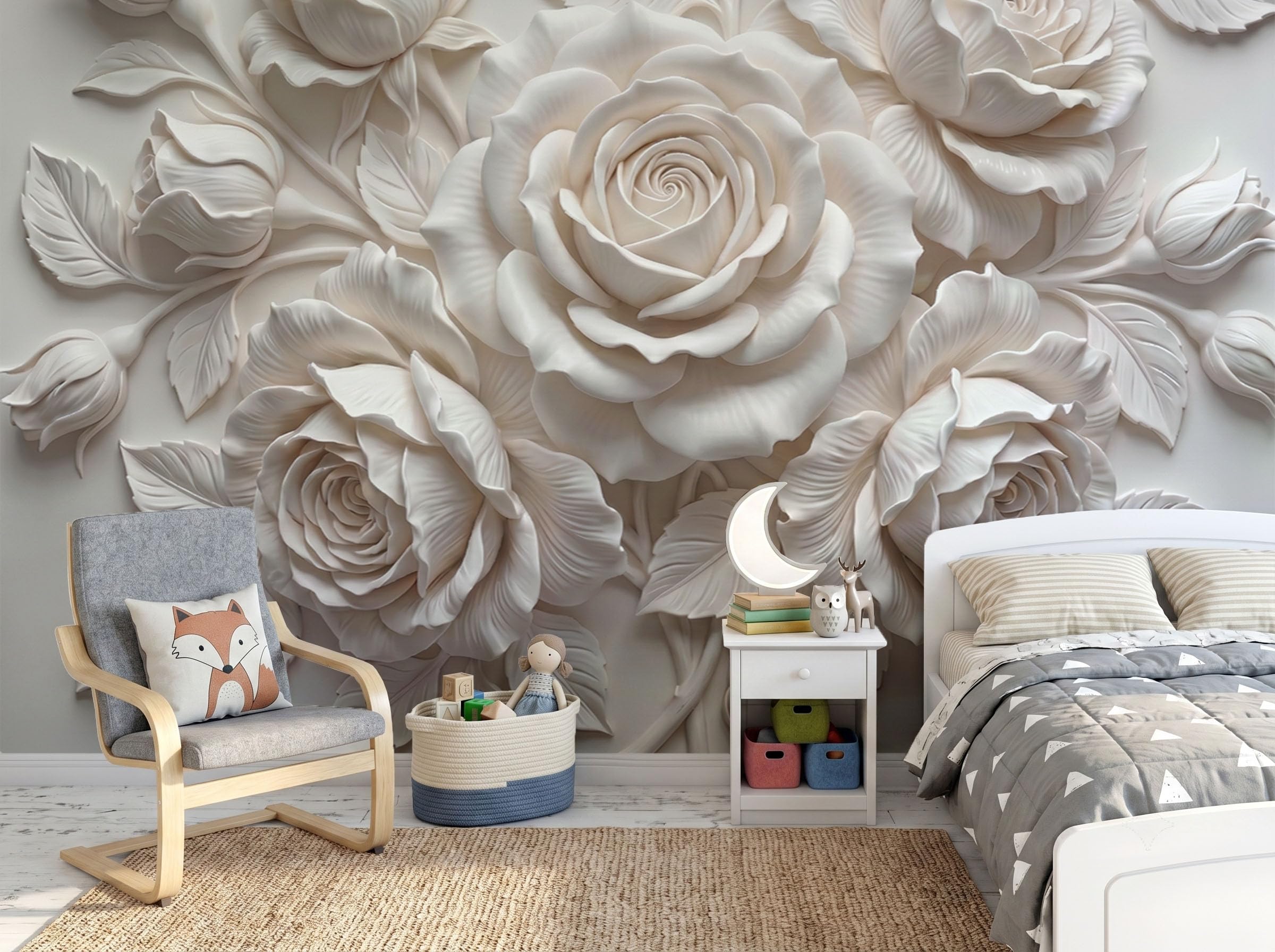 Papier peint 3D fleurs élégantes blanc relief haut de gamme
