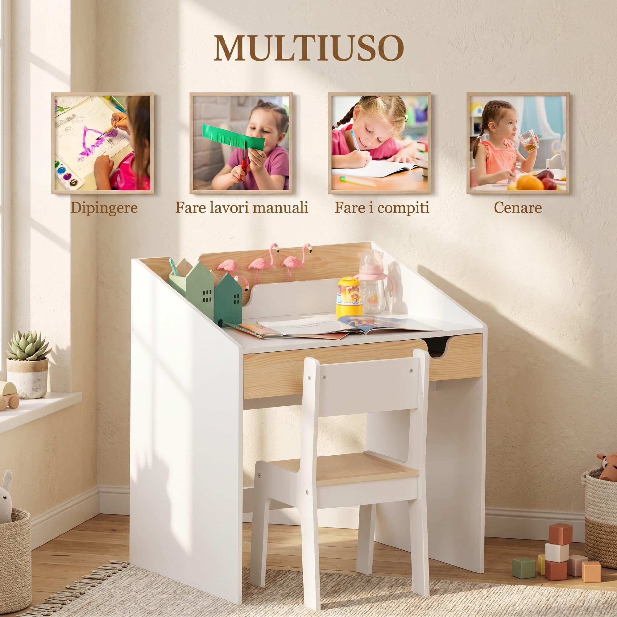 HOMCOM Set Scrivania e Sedia per Bambini, Tavolo con Cassetto e Scaffale, Mobili per Cameretta con Angoli Arrotondati, per Età 6-10 Anni, Bianco e Legno