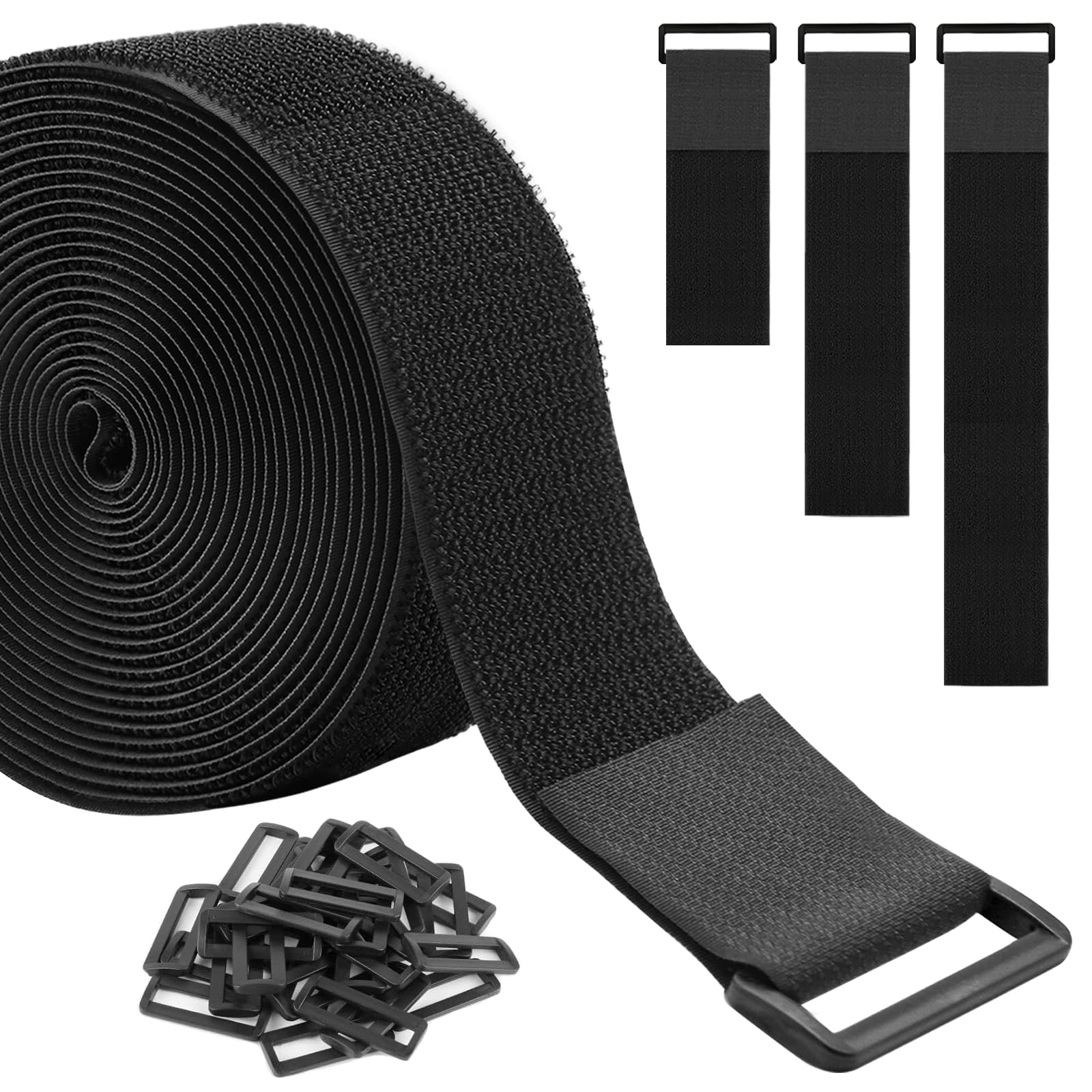 Attaches de câble réutilisables de 5 cm x 10 m avec 30 boucles, sangles réglables et robustes pour ranger les câbles, organiser des articles, attaches d'extérieur Noir