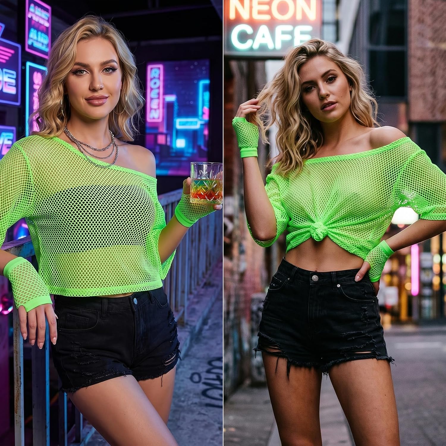 80s Neon Shirts for Women, 80s Neon Fishnet Top with Fishnet Gloves Women Casual Sexy Costumes Suitable for Masquerade Disco Party (Green)