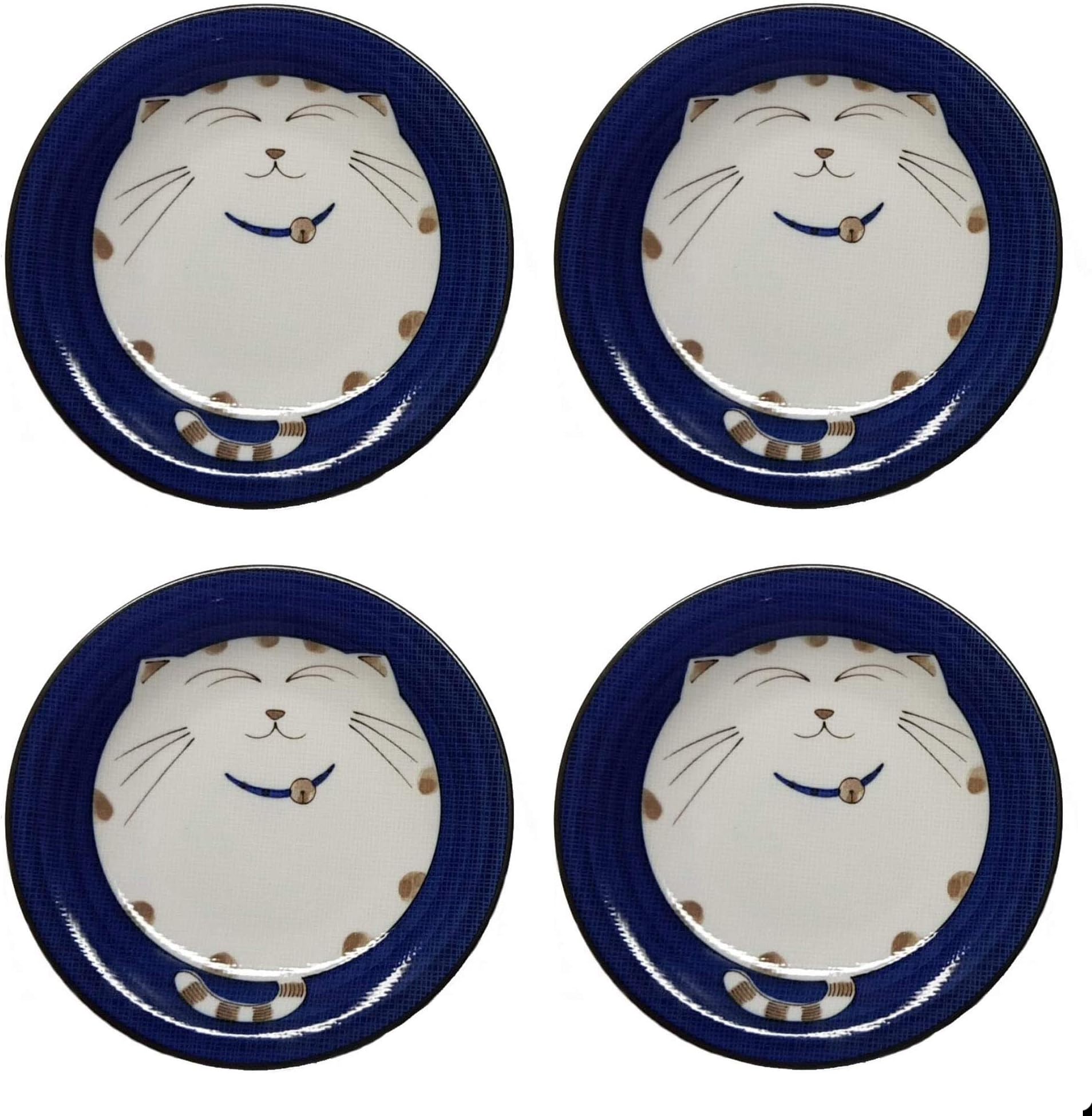 JapanBargain2560, Set of 4 Japanese Round Porcelain Appetizer Plates for Dessert Cake Snack Maneki Neko Smiling Lucky Cat Pattern for Cat Lovers Cat Dinner Plate, Made in Japan, 6.5-inch, Blue