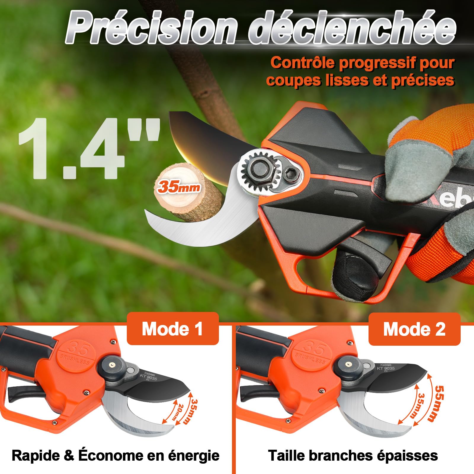 Kebtek 9035 Coupe-branches sans fil léger 35 mm Ciseaux électriques de jardin 21 V 4000 mAh Batterie Ciseaux de jardin professionnels compatibles avec rallonge manche télescopique ciseaux à buis