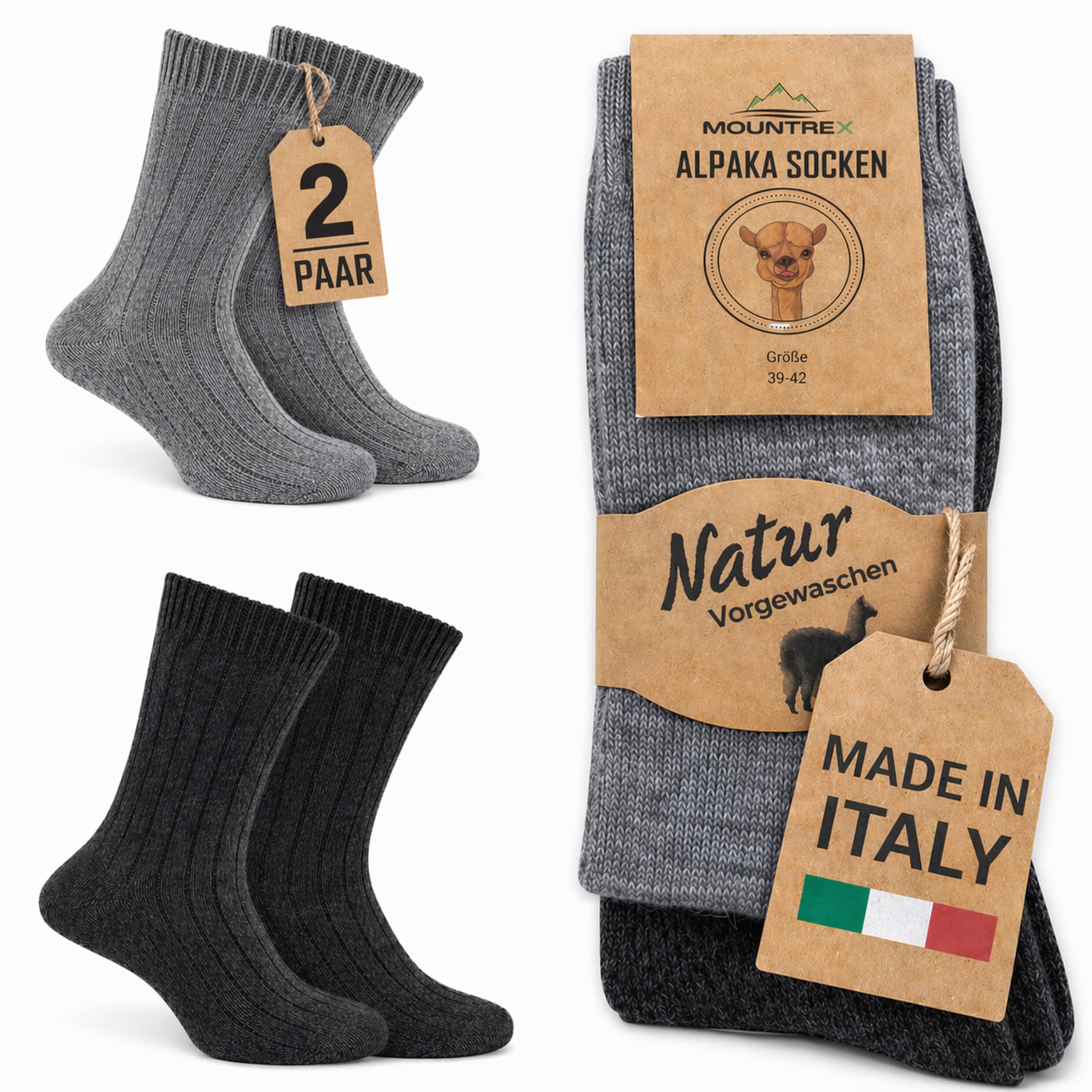 MOUNTREX Alpaka Socken 2 Paar - Wollsocken Wintersocken Damen Herren
