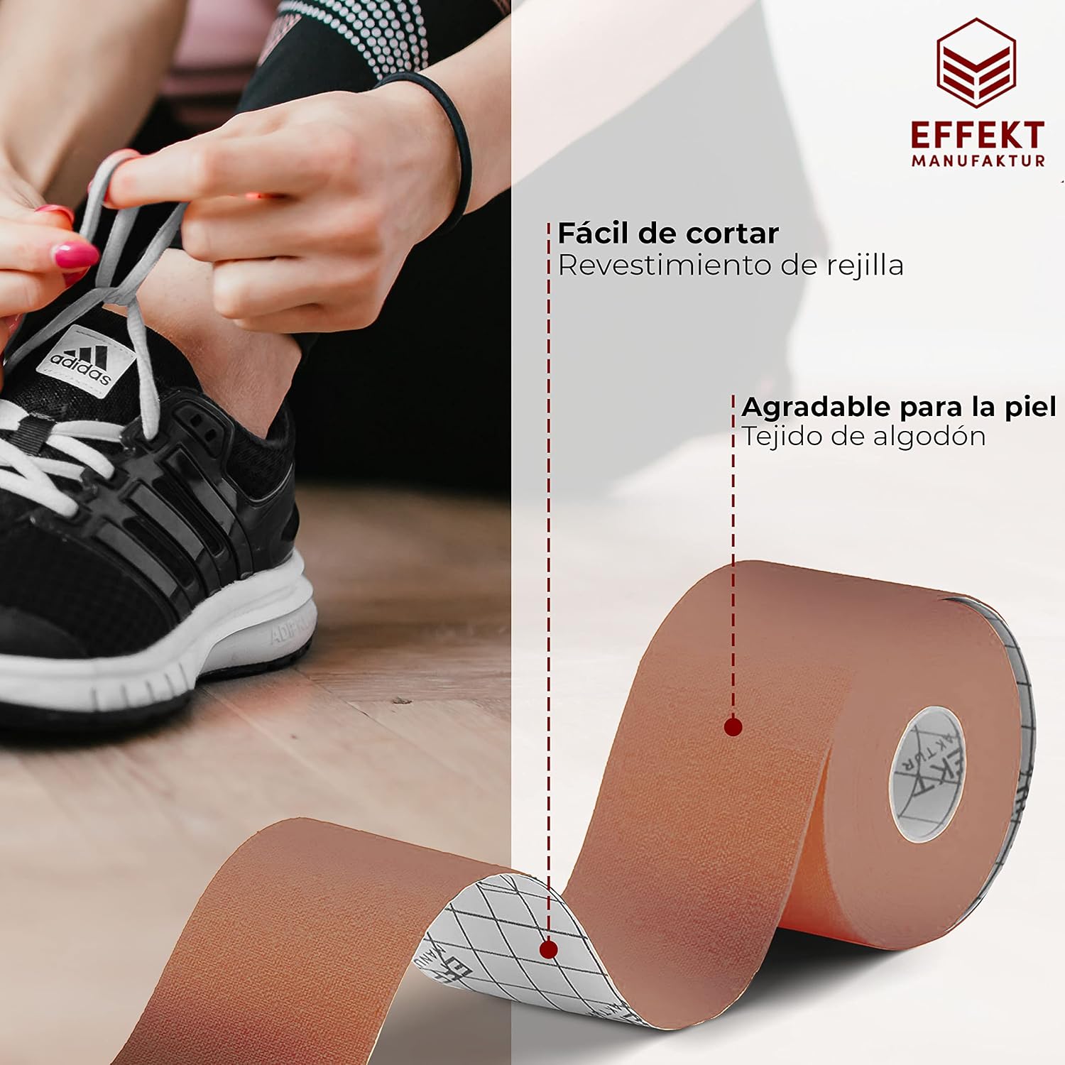 Effekt Kinesiology Tape Waterproof 16 ft x 2 in, 2 Rolls - Elastic Physio Tape for Muscle Support and Injury Recovery, Kinetic Tape, Durable Kinesthetic Tape Beige