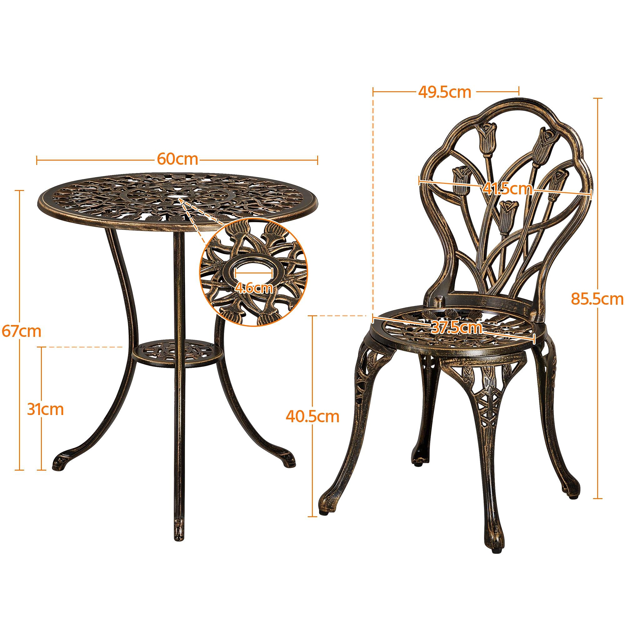 Yaheetech Set di Tavolo e Sedie da Giardino Set Mobili 2 Sedie 3 Pezzi Bistrò Veranda Balcone Motivo a Tulipano Lega di Alluminio Bronzo