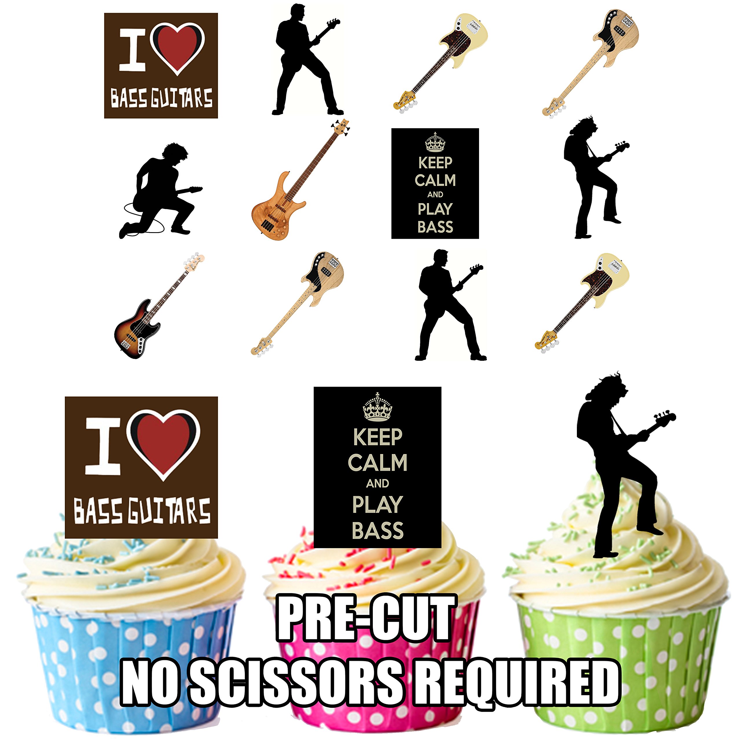 AK GiftshopPRE-CUT Bass Guitar and Players Silhouette Party Pack Mix - Edible Cupcake Toppers/Cake Decorations (Pack of 12)