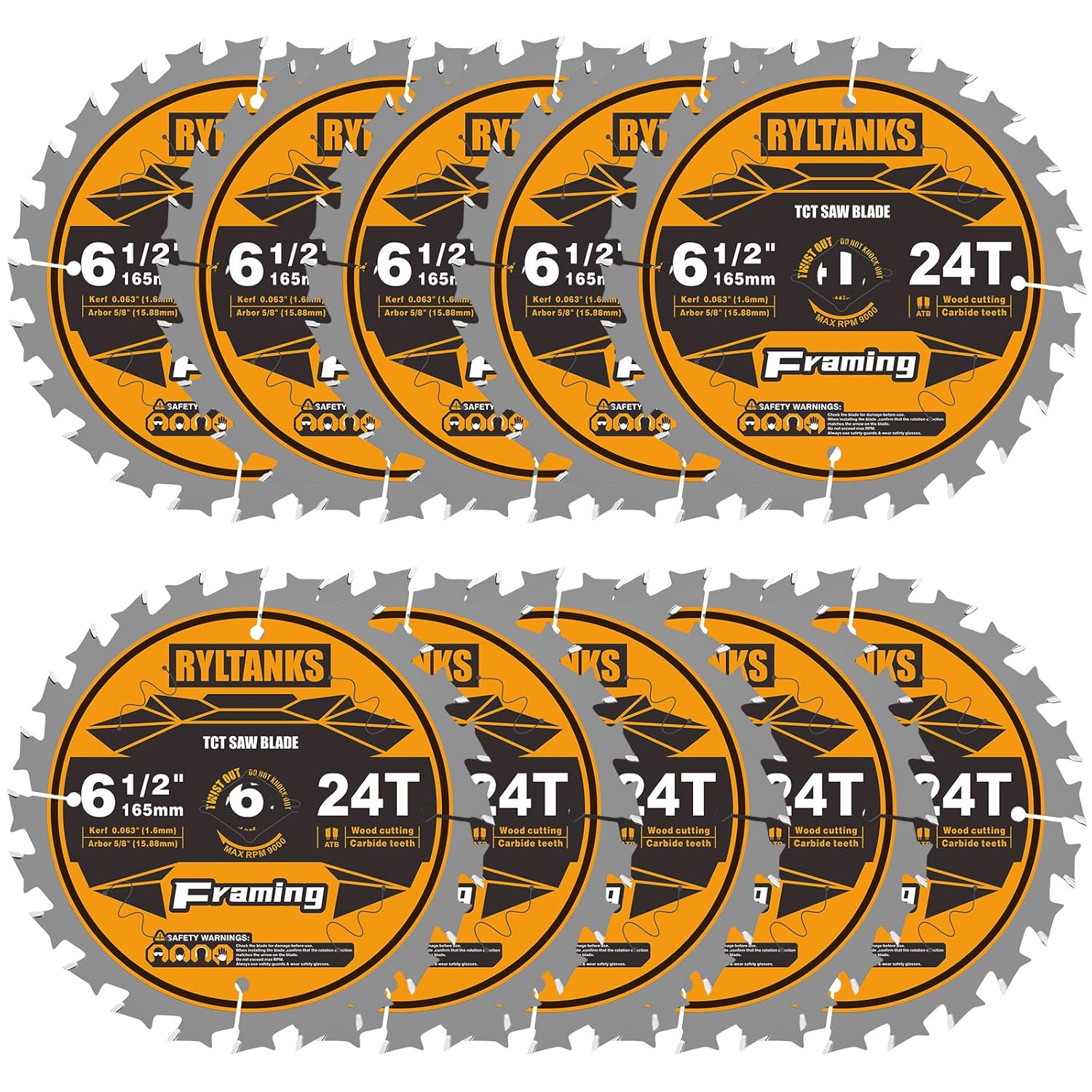 6-1/2 Inch Circular Saw Blade, 24T for Framing with 5/8" Arbor, Fast Wood Cutting, 10-Pack