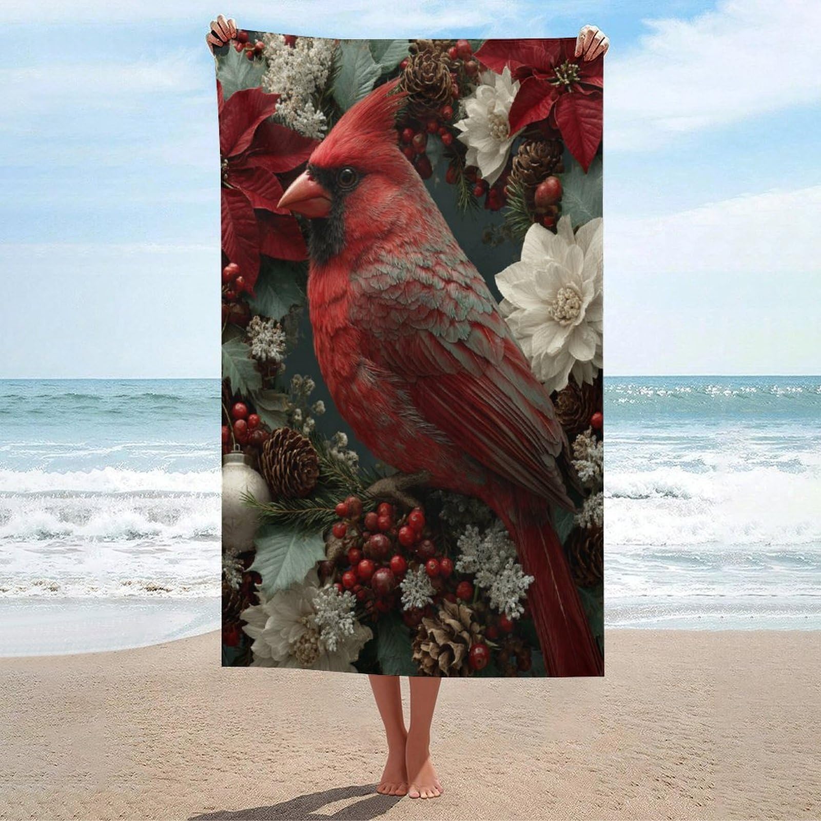 LSRCPD Red Bird Holly Berries Pine Cones Beach Towel Sand Free Microfiber Large Shower Towels Multipurpose Absorbent for Bathroom Pool 130x80 CM