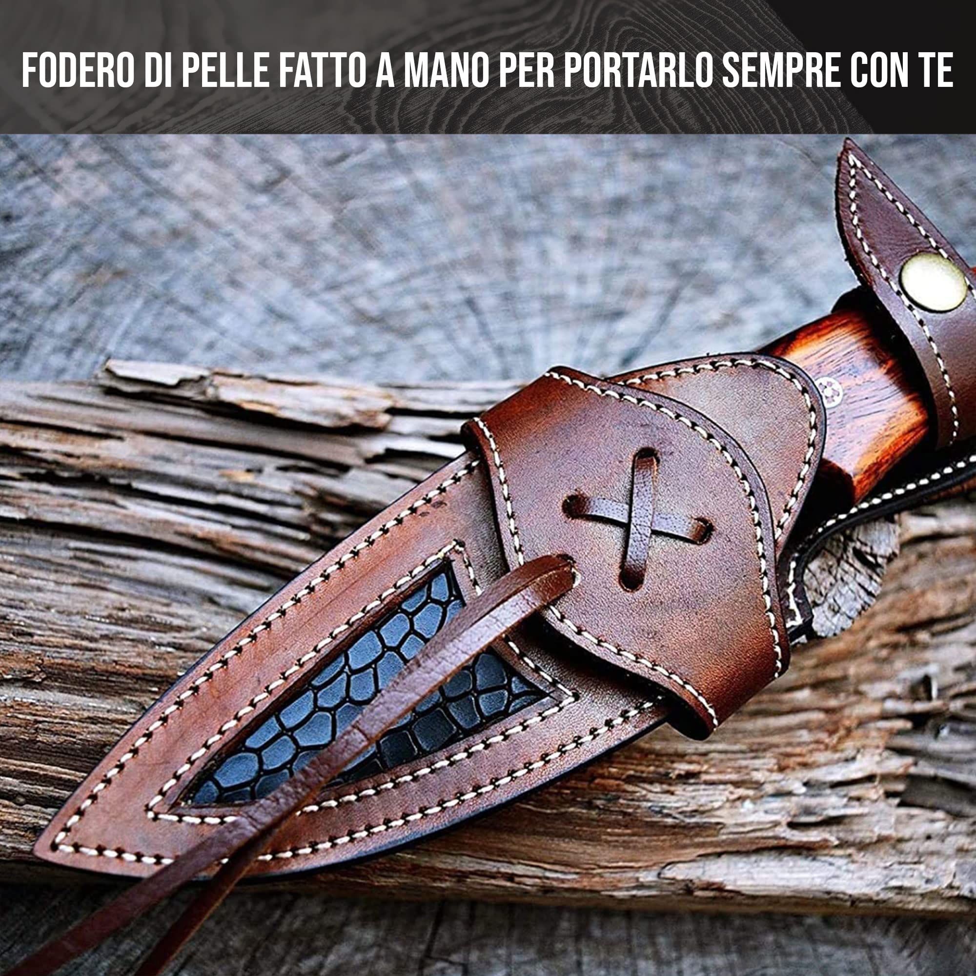 BIGCAT ROAR Predator Hunter - Coltello da Caccia in Acciaio Damasco Artigianale 25 4 cm - Manico in Legno di Noce e Fodero in Cuoio - Bushcraft Campeggio Sopravvivenza - Regalo Uomo Cacciatore
