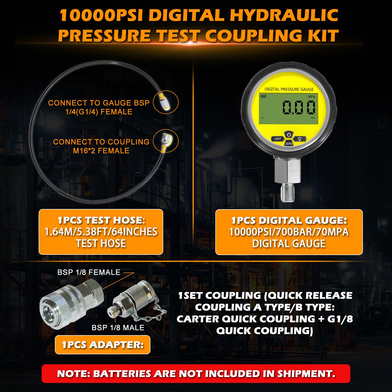 Kit de Test de Pression hydraulique numérique 10 000 psi - Manomètre hydraulique 1/4 po NPT 700 bar/70 MPa avec Tuyau de 1,64 m et raccords Rapides pour excavatrices