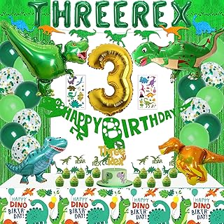 Three Rex Birthday Party Decorations Boy, Dinosaur 3rd Birthday Party Supplies Include Banner Tablecloth Fringe Curtains Three Rex Balloons Cake Toppers Stickers for 3 Rex Birthday Decorations Boys