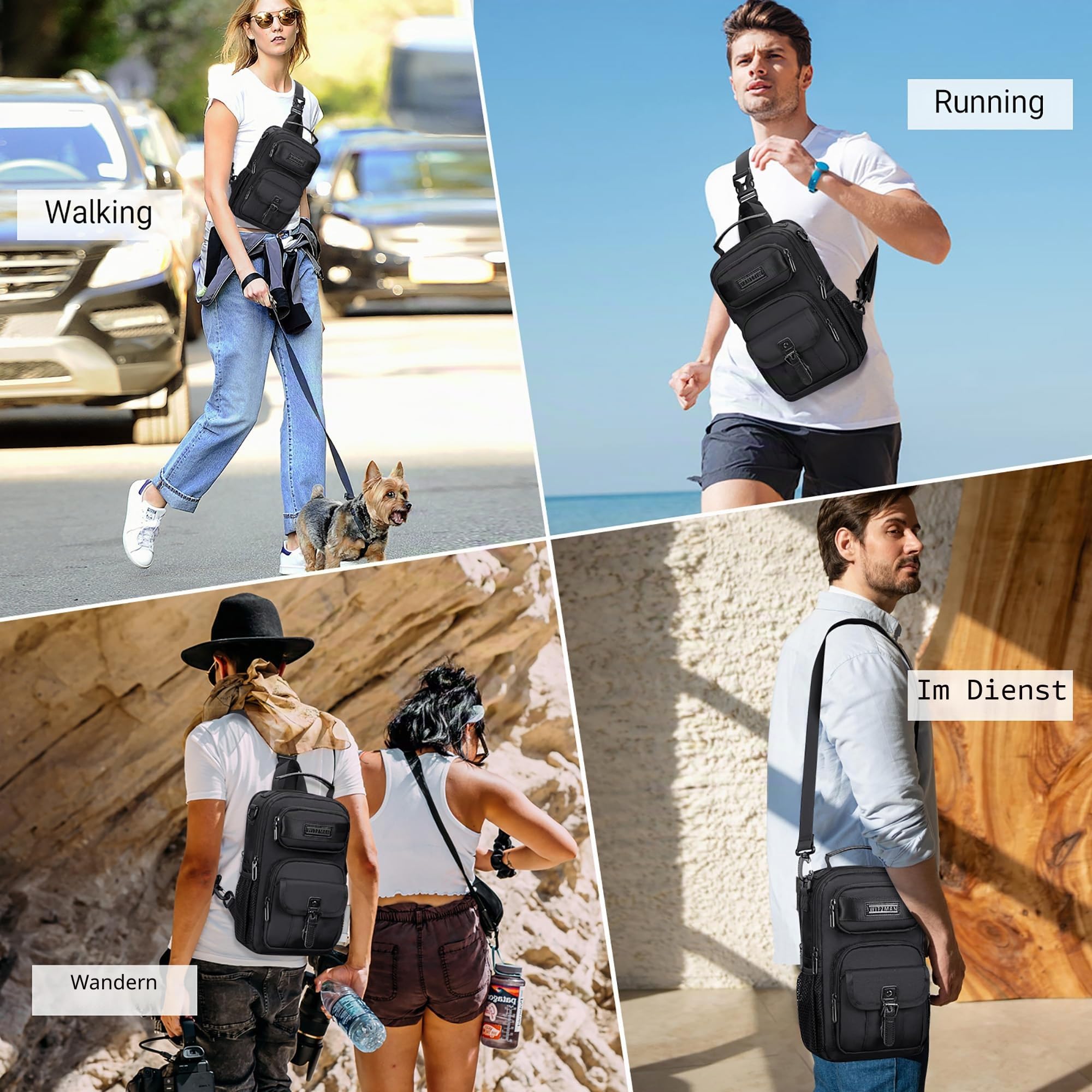 WITZMAN Umhängetasche für Herren, umwandelbarer Sling-Rucksack mit USB-Port