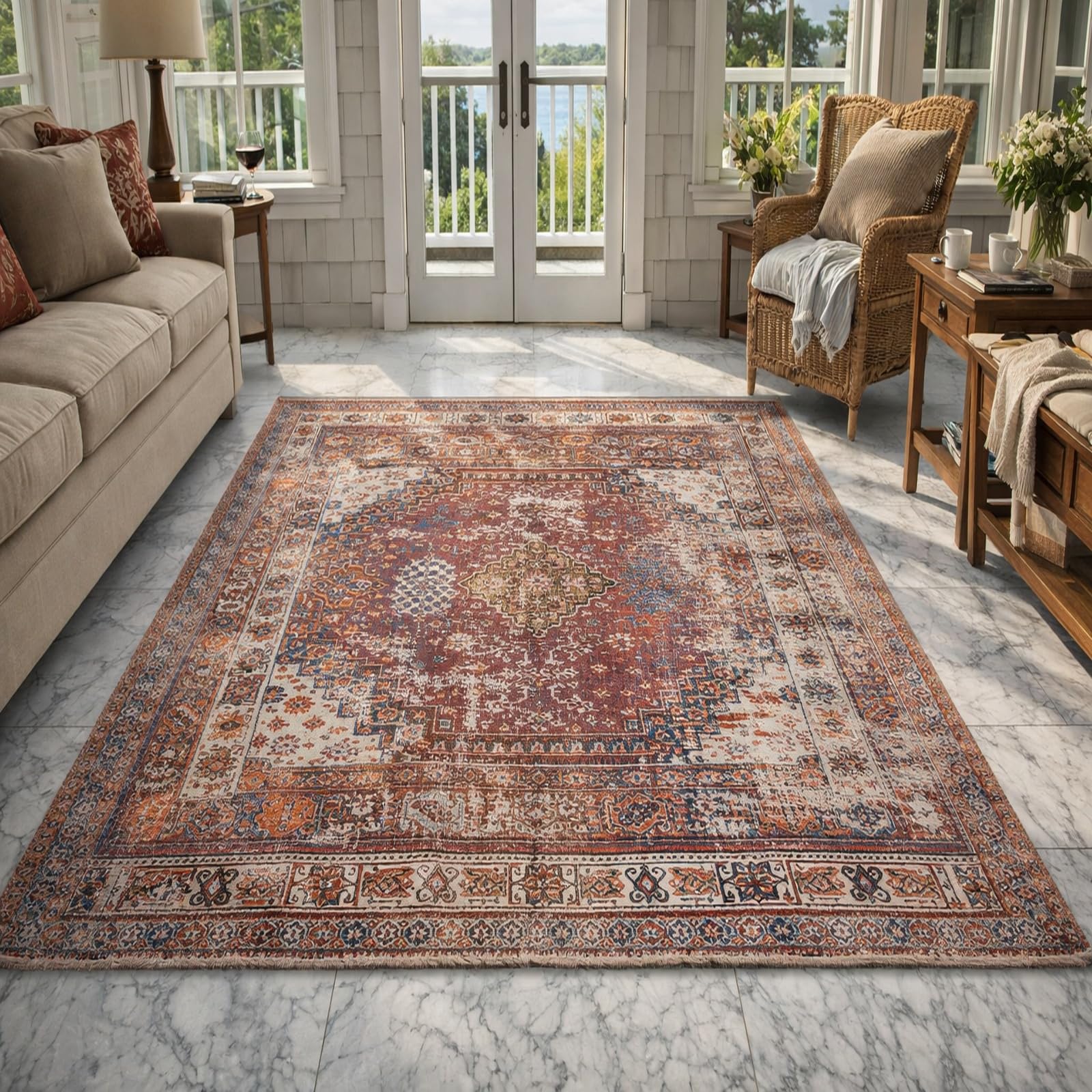 Tapis de salon rouge et bleu style oriental vintage 200x300 pour décoration de caractère