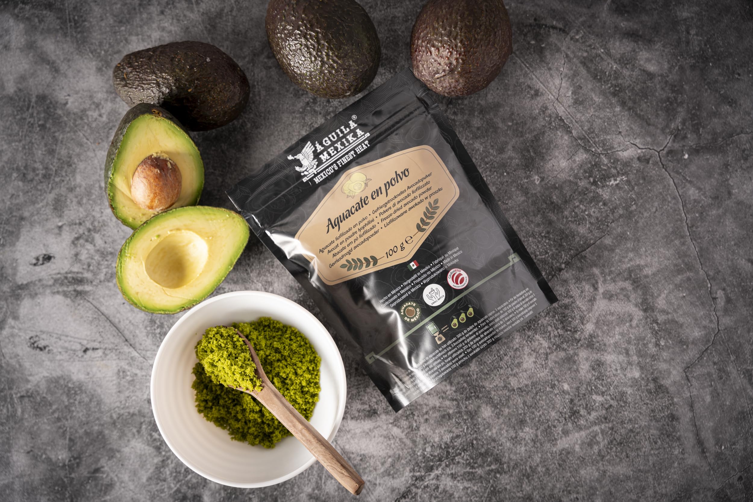 ÁGUILA MEXIKA | Proszek z awokado (liofilizowany) z meksykańskich awokado – dodaj wodę, wymieszaj i ciesz się guacamole w kilka sekund.