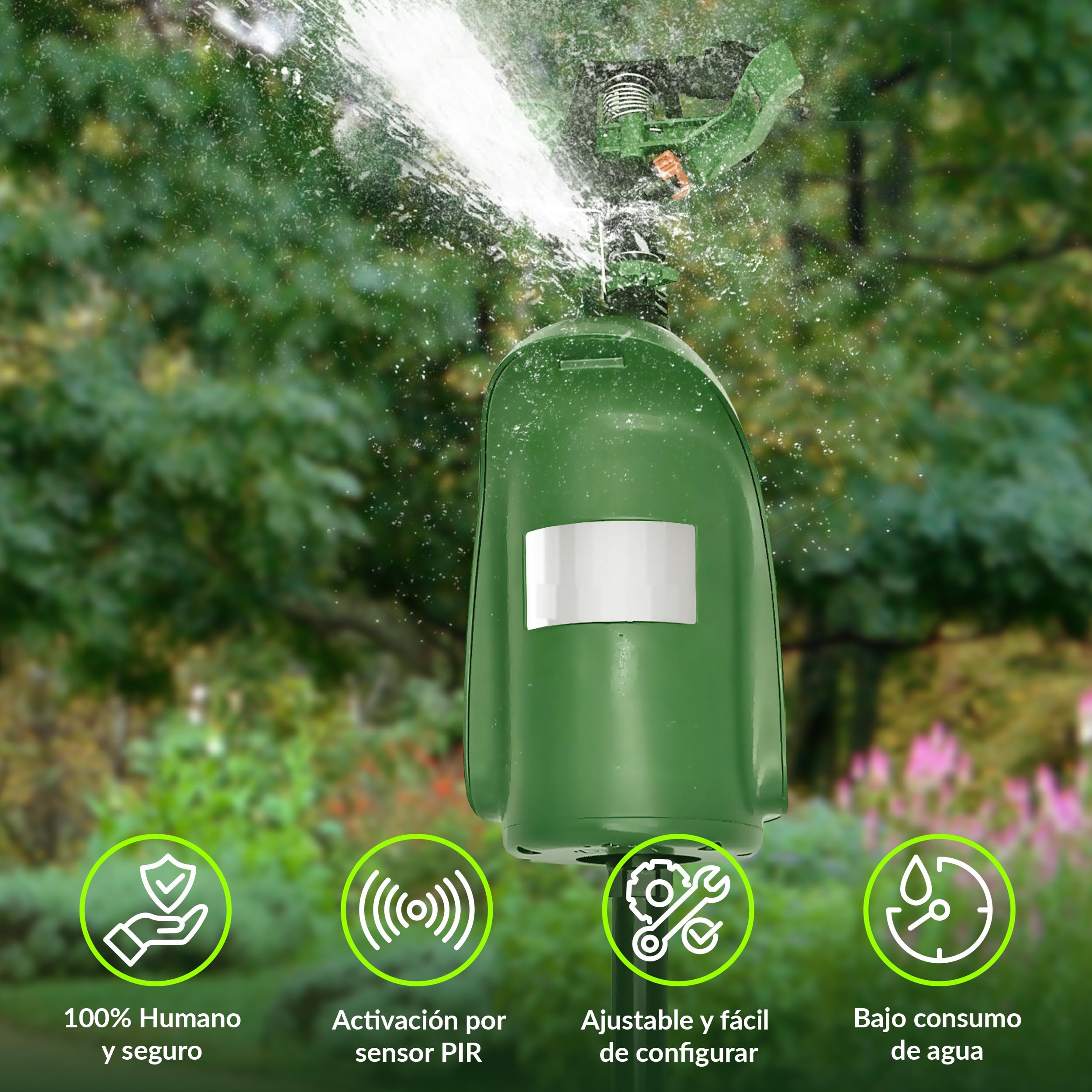 ISOTRONIC Repelente de Animales con Chorro de Agua — Ahuyentador de Gatos y Garzas con Detector de Movimiento 120° — Radio Ajustable para Jardín y Estanque — Defensa Eficaz (1 Unidad)