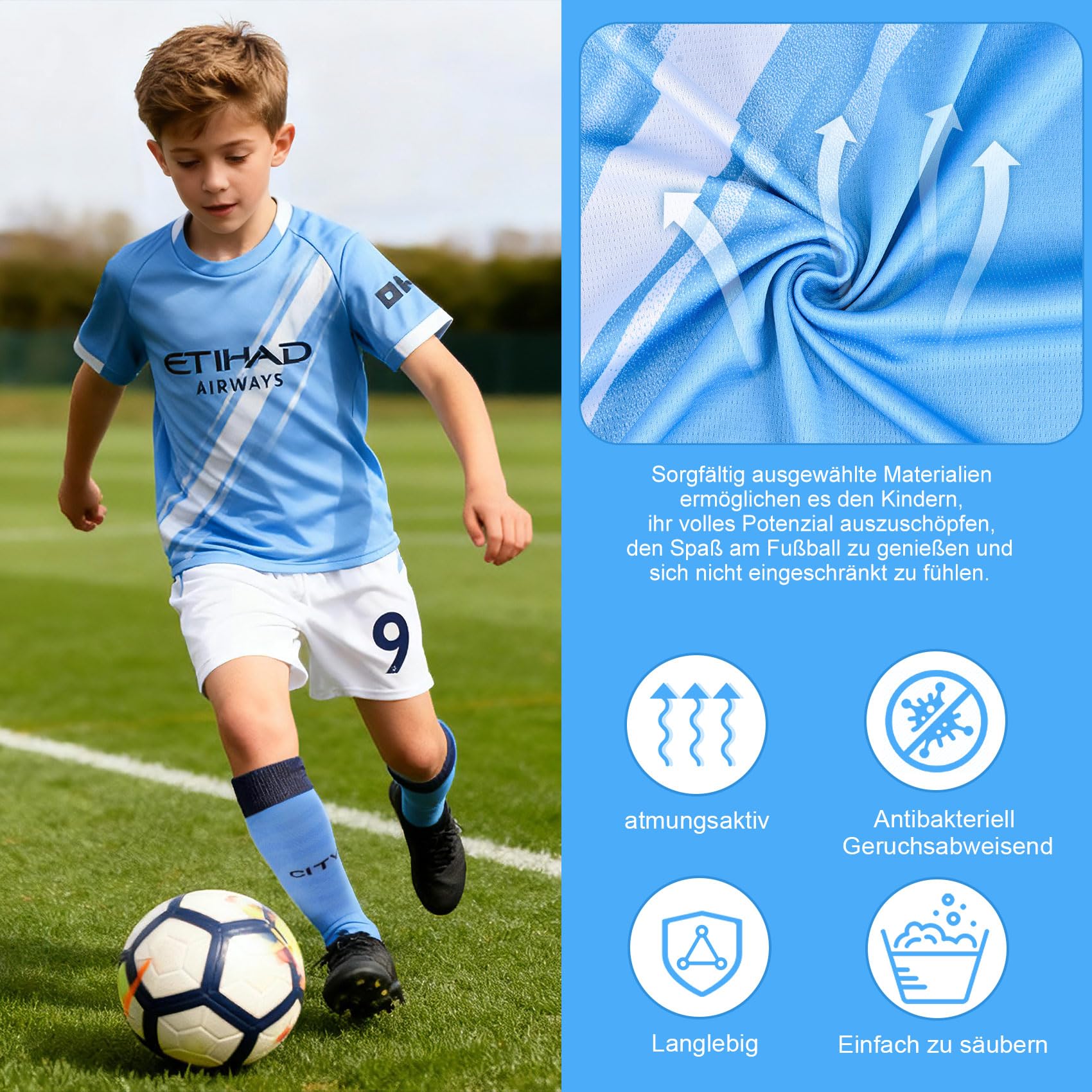 Camiseta de fútbol para niños, camiseta de fútbol con camiseta, pantalones cortos, calcetines y rodilleras, camiseta para niños y niñas