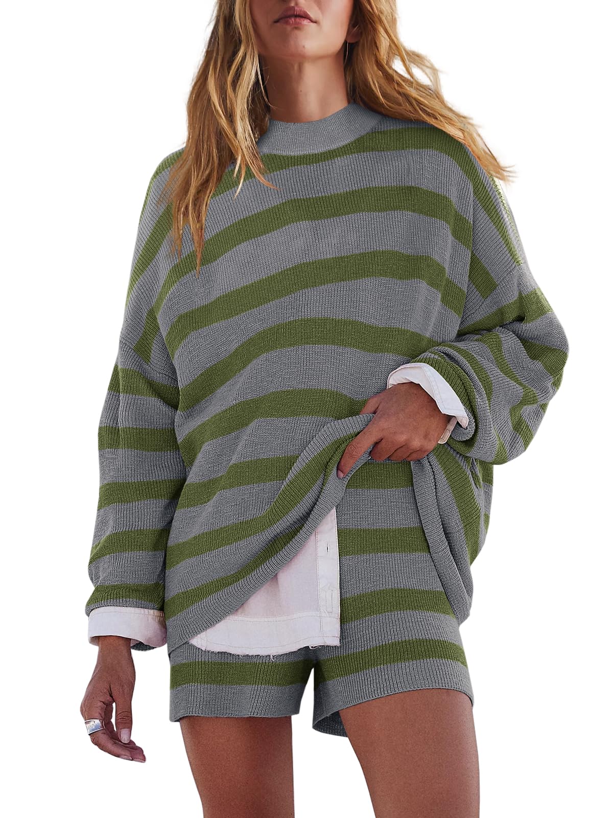 LAMISSCHE Womens Oversized Lounge Sets 2 Piece Outfits Striped Matching Pajama Set Long Sleeve Sweater Set
