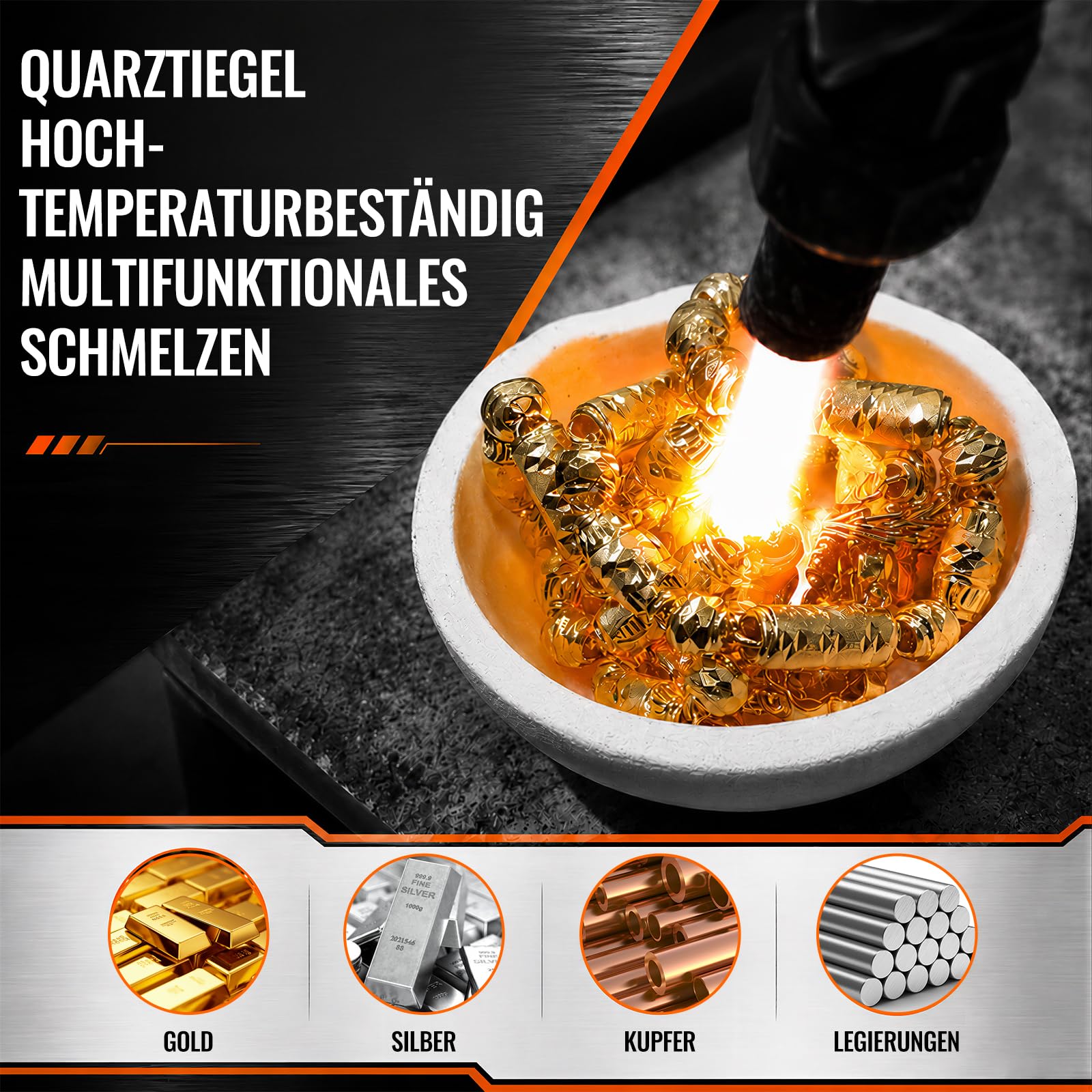 8 Stück Gold Schmelzen Set, Graphittiegel & Quarztiegel Schmelzkit mit Gussformen und Zangen, Hoch Hitzebeständig für Gold, Silber, Platin, Messing und Legierungen