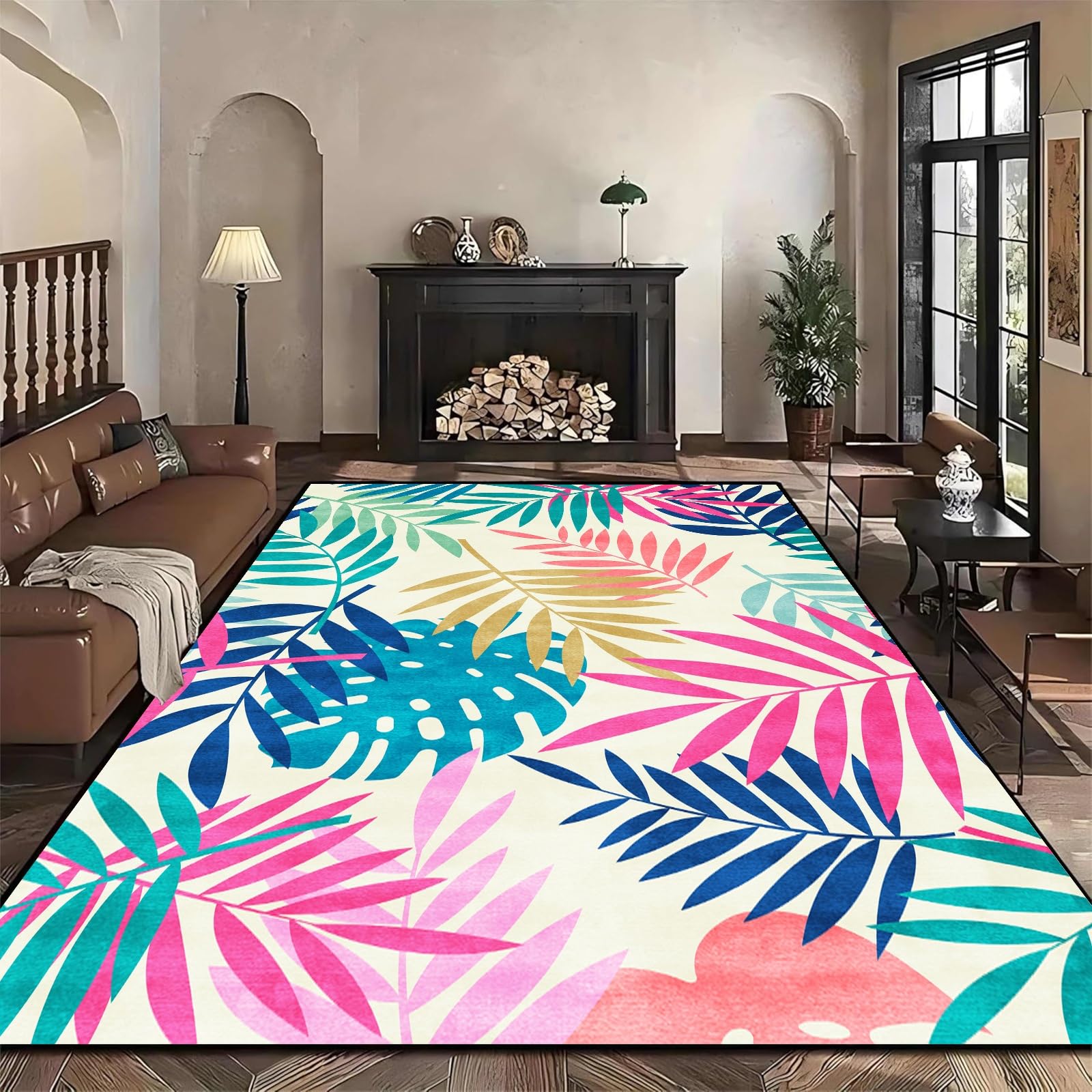 Palm Leaf Area Rug, 180x260cm Colorful Cute Leaf Monstera Art Decorative Rugs for Girls' Bedroom, Non-Slip Washable Rugs, Blue Red Yellow Plant Leaves - Carpet for Living Room Bedroom Bathroom — image 1