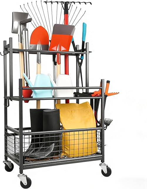 MHHO-WG Gartengeräte Organizer mit Feststellrollen,Schwerlast Metall Gartengeräteständer,16 Fächer+19 Haken für langgestielte Geräte/Staubsauger/Rasenrechen,ideal für Garage, Schuppen & Außenbereich — Geräte-Pflege