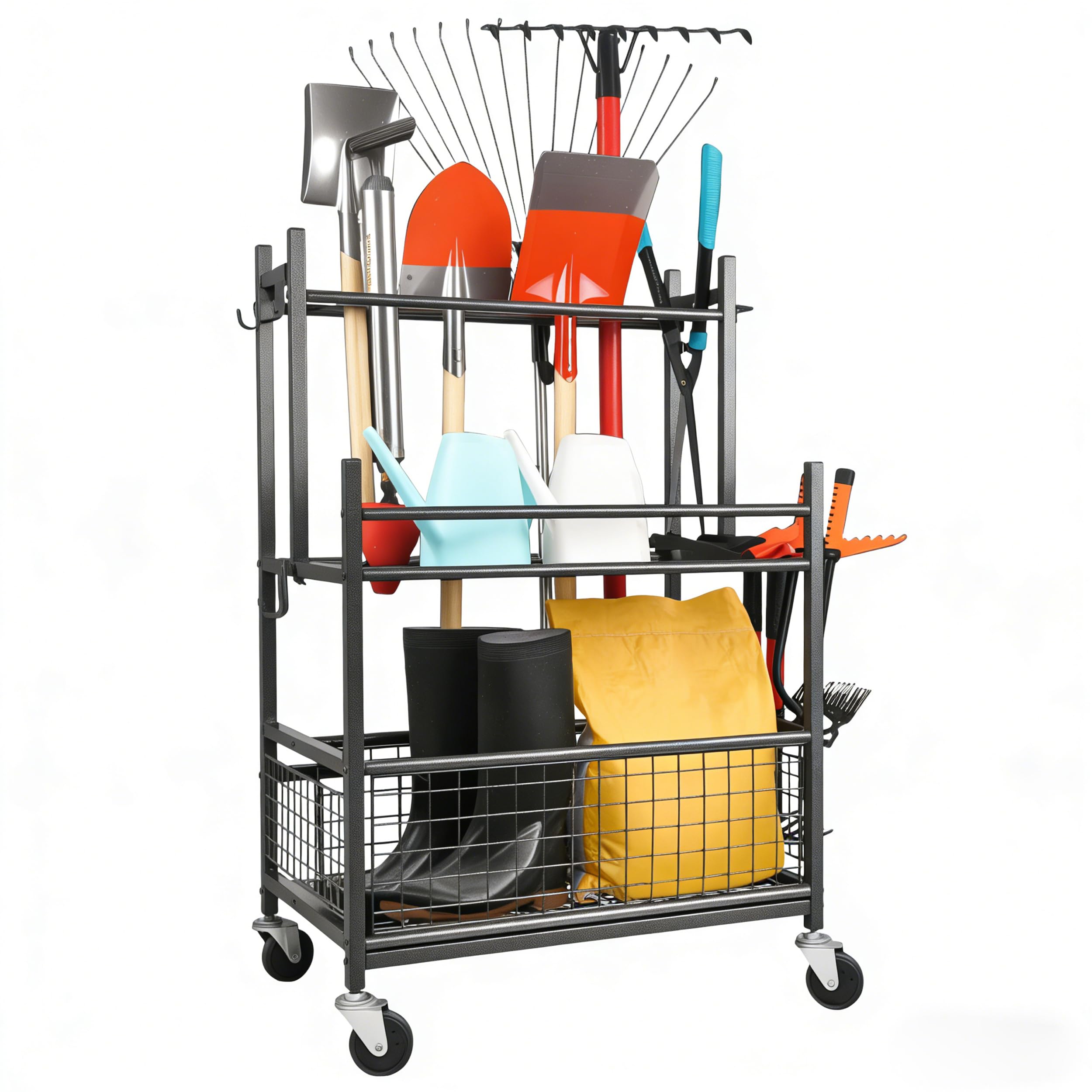 Gartengeräte Organizer mit Feststellrollen,Schwerlast Metall Gartengeräteständer,16 Fächer+19 Haken für langgestielte Geräte/Staubsauger/Rasenrechen,ideal für Garage, Schuppen & Außenbereich