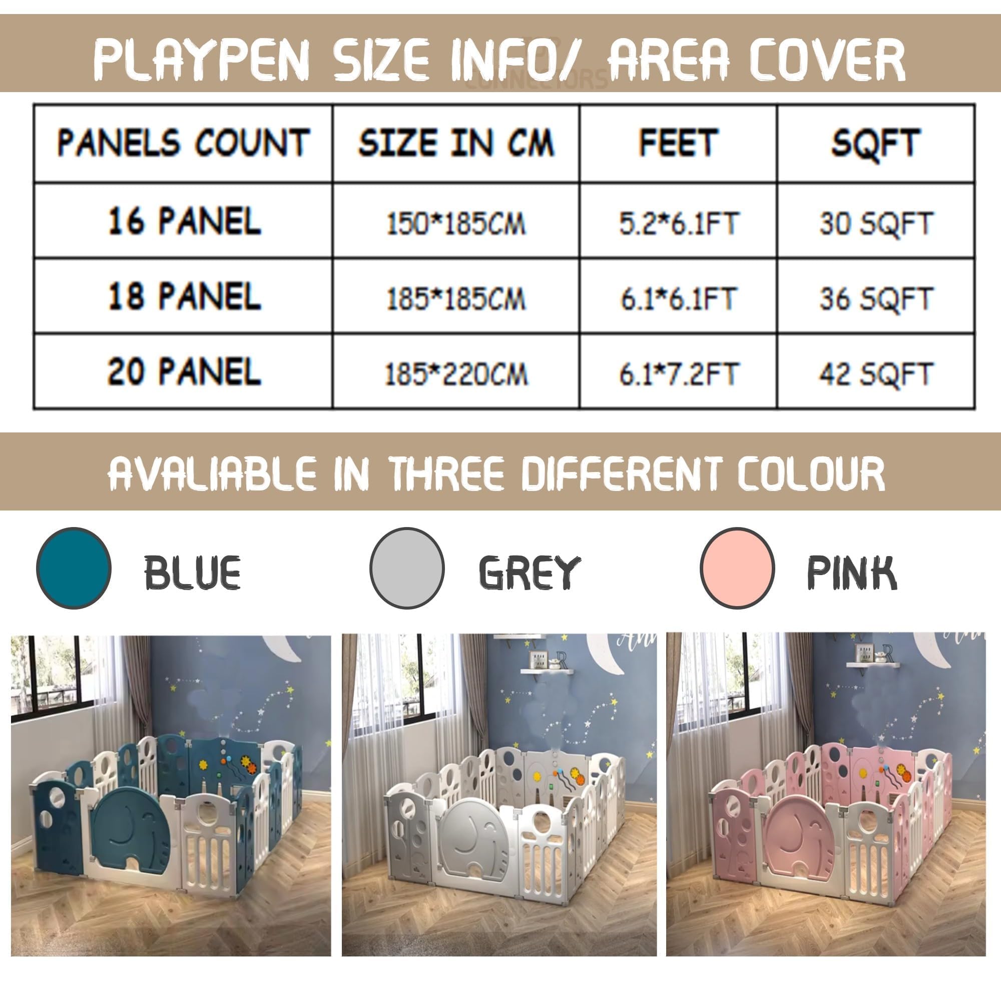 Metreno 16 panel Playpen for Babies upto 5 year Foldable Baby Play Area Indoor Setup Play Yard Fence for Toddlers Kids Playarea Setup Outdoor Children Play Area with Gate, Balls, mat (5.2 * 6.1FT=30 SQFT Grey) - Image 3 thumbnail