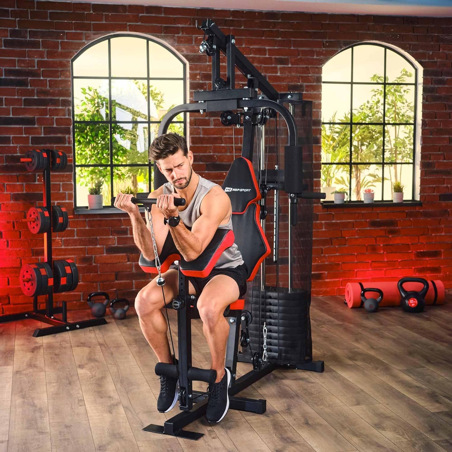 Hop-Sport Station de Musculation Multifonction Complet HS-1044K, Multigym avec 1 Station + 66 kg, Fitness Musculation Appareil avec poulie Haute, Papillon et tirage latéral
