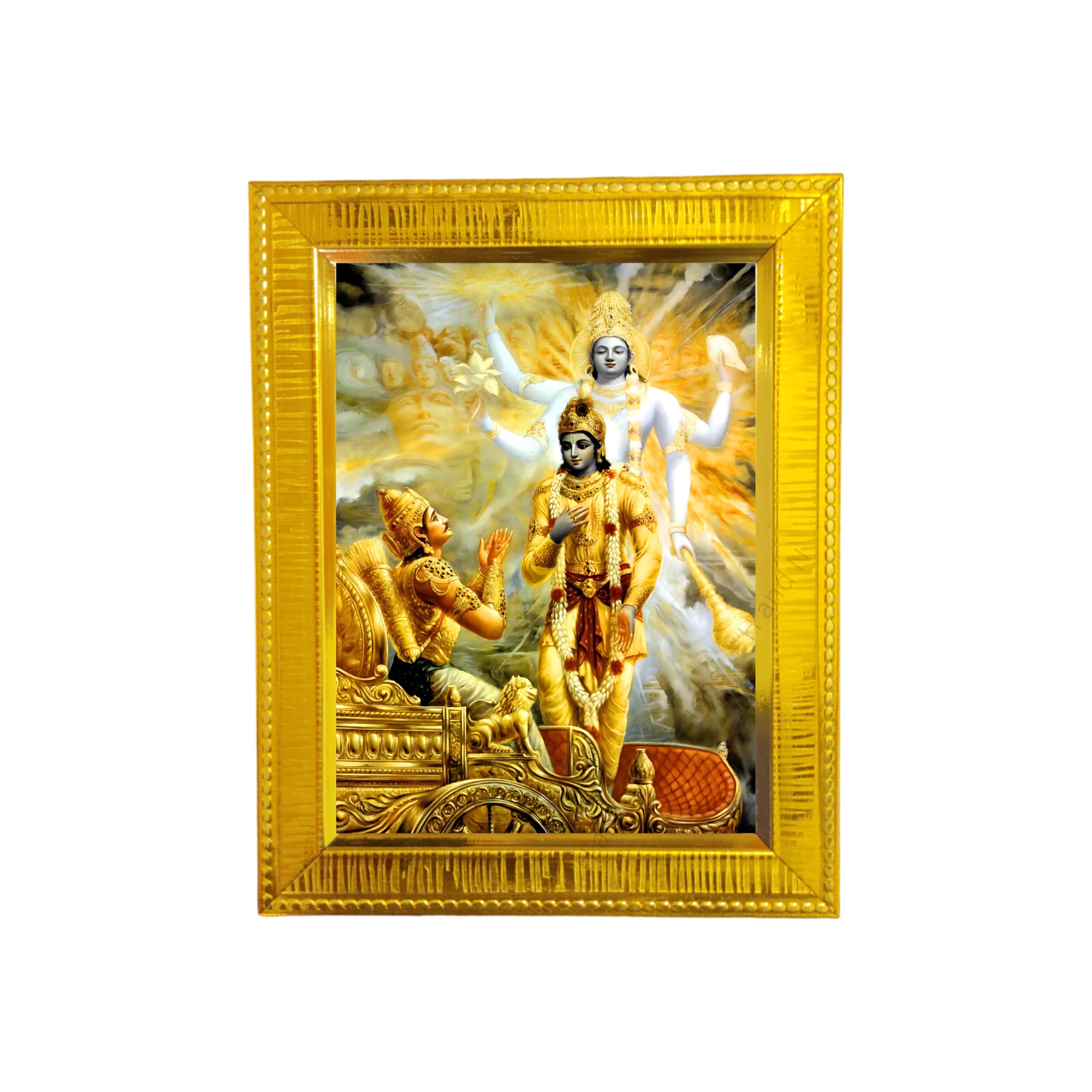 H and N Creations - Krishna-Arjuna Samvad Photo Frame | Golden Wooden Frame | Decorative Wall Art for Spirituality and Meditation, Home and Office Décor (7.5 x 9.5 Inch)