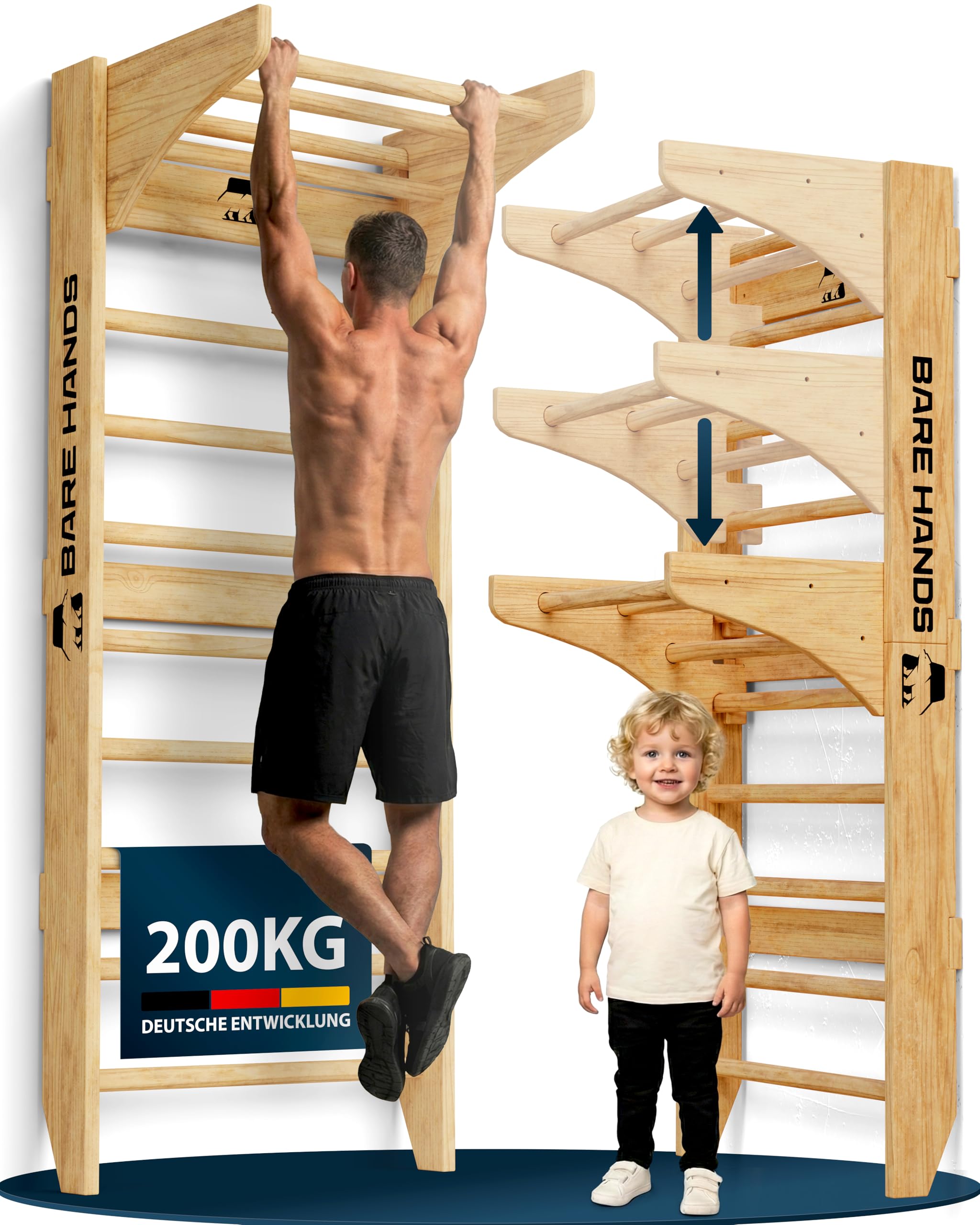 Bare Hands Sprossenwand für Erwachsene & Kinder bis 200 kg – Hochwertige Kletterwand für Zuhause & Kinderzimmer – Mit oder ohne Klimmzugstange und Dipstange erhältlich