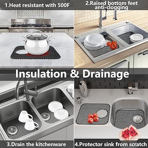 Miniatura 5 de Protectores de fregadero para fregadero de cocina, 2 alfombrillas de cocina de silicona de 13.58 x 11.6 pulgadas, protector inferior antideslizante