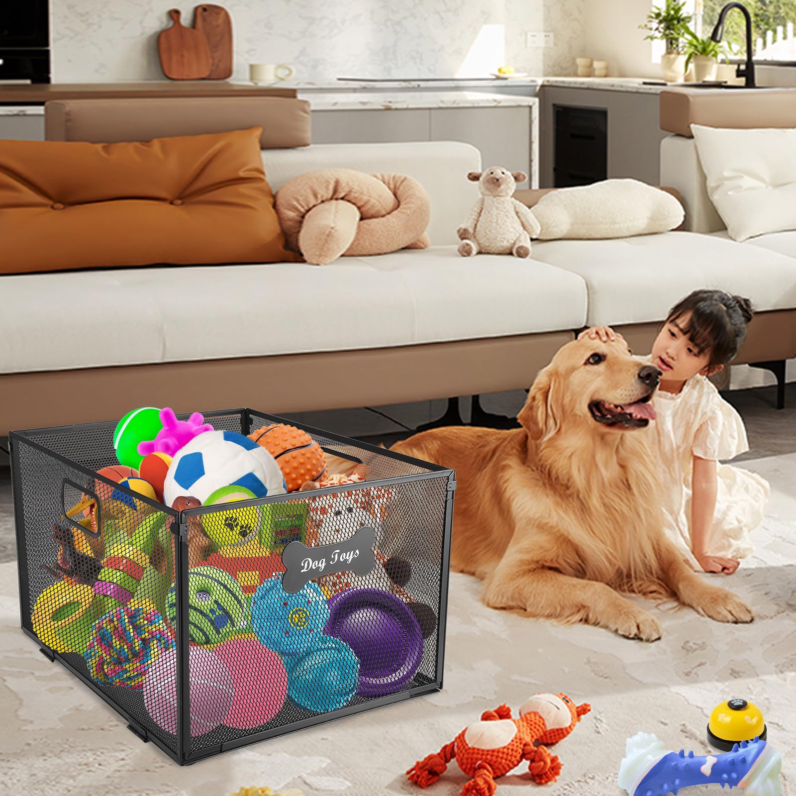APITOS Metal Dog Toy Box-Dog Toy Basket-Wire Mesh Basket Black-Pet Accessory Rust-Stylish Dog Bone Design-for Organizing Pet Toys Cat Blankets,Dog Clothes,Urine - Image 3