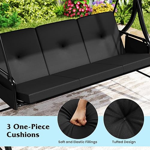 Miniatura 5 de Tangkula Columpio para porche para 3 personas, columpio convertible 2 en 1 para exteriores con toldo ajustable, cojines extraíbles, marco de metal,