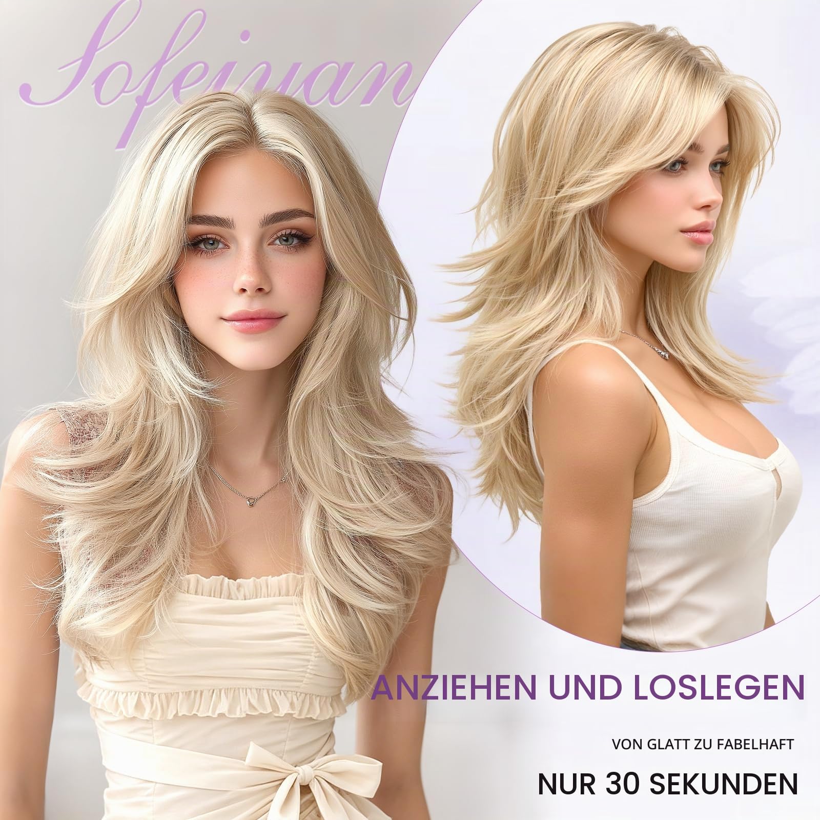 Sofeiyan Perücke Damen,55 cm Layered Perücke mit Vorhang Pony