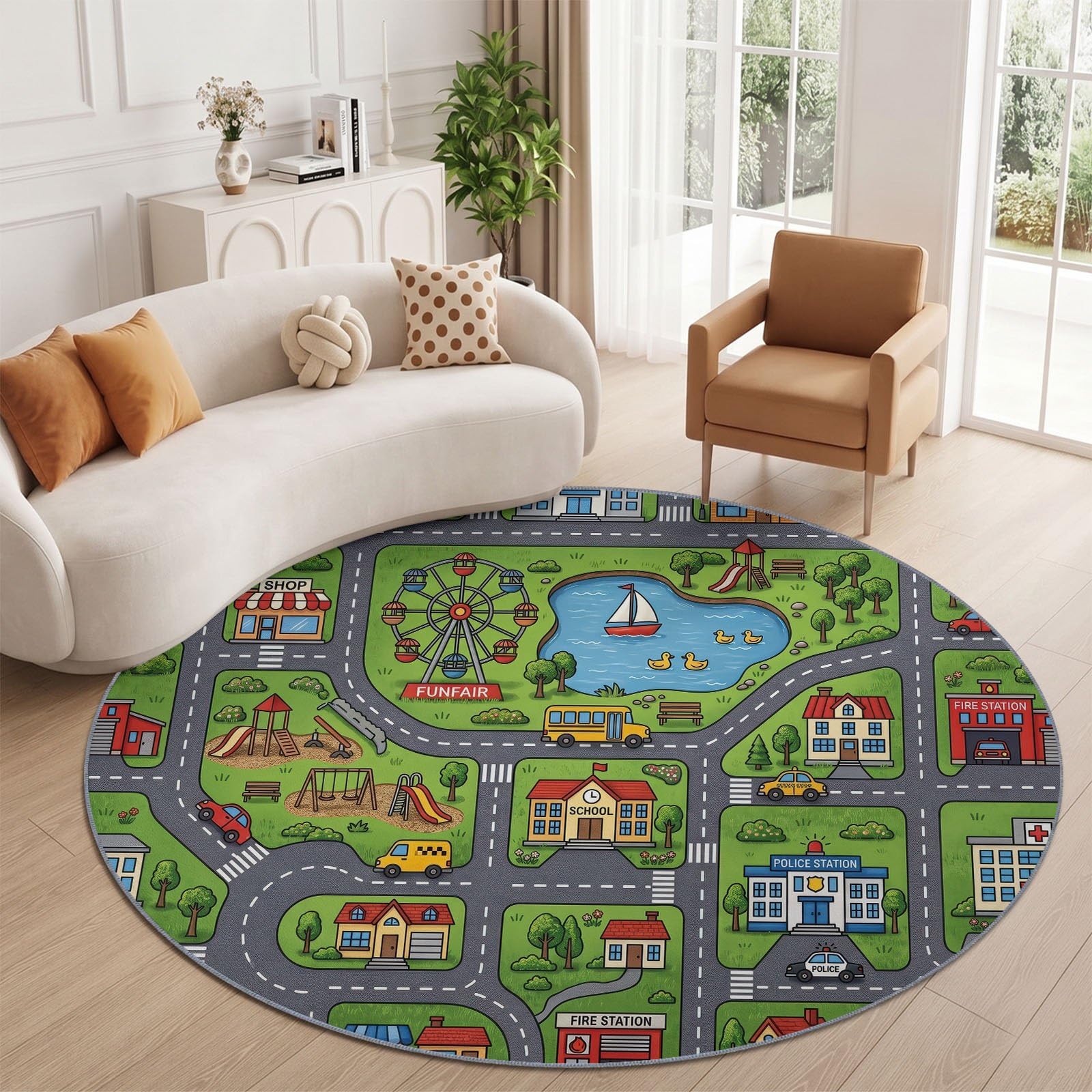 Tapis Rond Dessin Animé Ville 160 cm, Grande Roue Bus Scolaire Commissariat Lavable en Machine pour Salon, Antidérapant, Tapis Imprimé pour Salle à Manger, Chambre d’Enfant, Nurserie, Vert