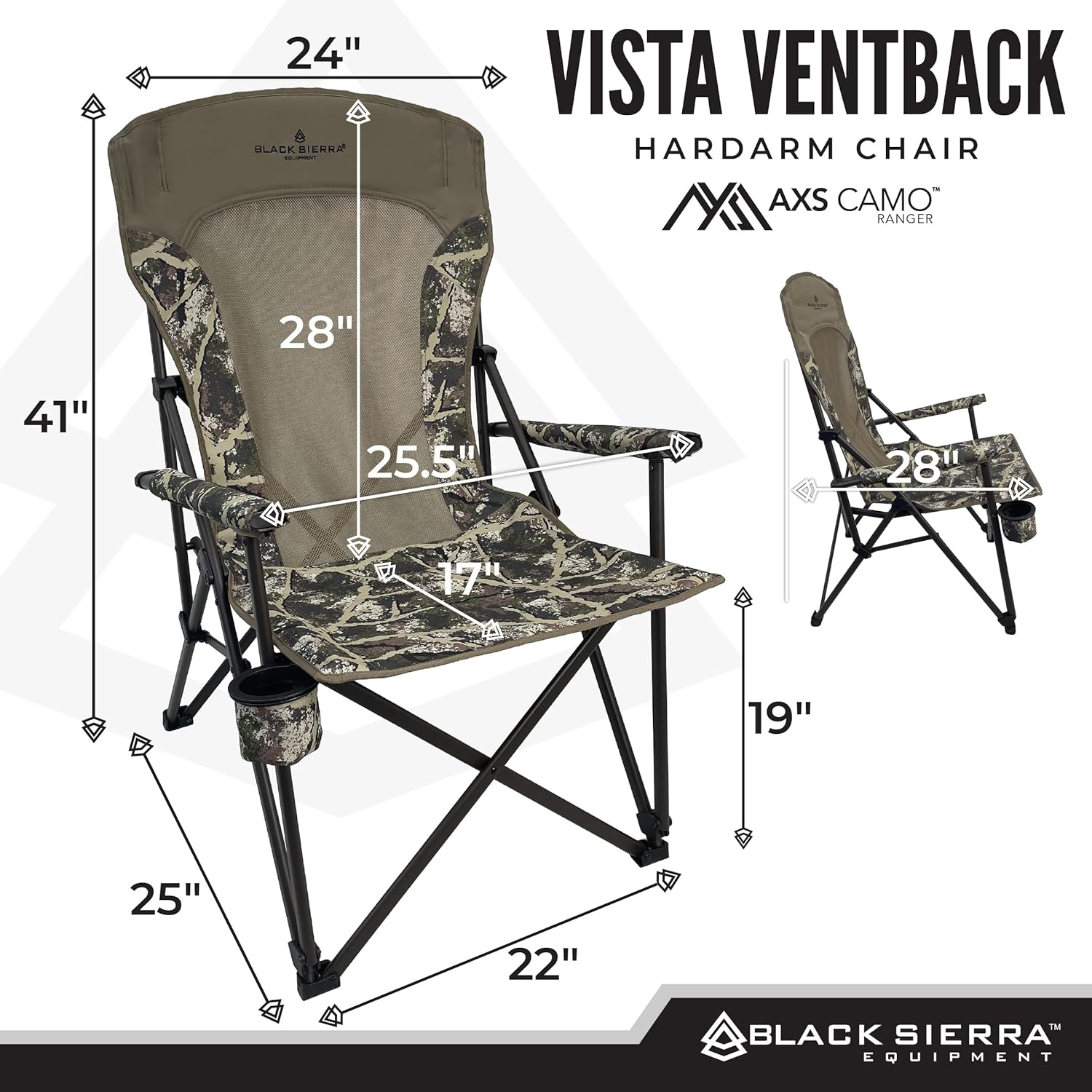 Black Sierra Camping Chair – Folding Portable Lawn & Beach Chair with Padded Hard Armrest, Mesh Vented Back, Cup Holder, Carry Bag – Supports 300 lbs for Sports & Backyard - Image 2