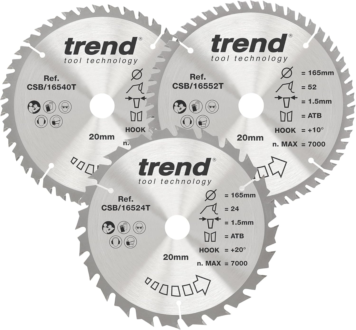 Trend CSB/165/3PK/B Craft Pro Triple Pack of TCT Saw Blades Ideal for Dewalt DC390, DWE007, DCS391, and DC391N Circular Saws, 165mm x 24, 40 and 52 Teeth x 20 Bore, Tungsten Carbide Tipped