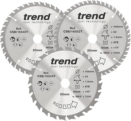 CSB/165/3PK/B Craft Pro Triple Pack of TCT Saw Blades Ideal for Dewalt DC390, DWE007, DCS391, and DC391N Circular Saws, 165mm x 24, 40 and 52 Teeth x 20 Bore, Tungsten Carbide Tipped