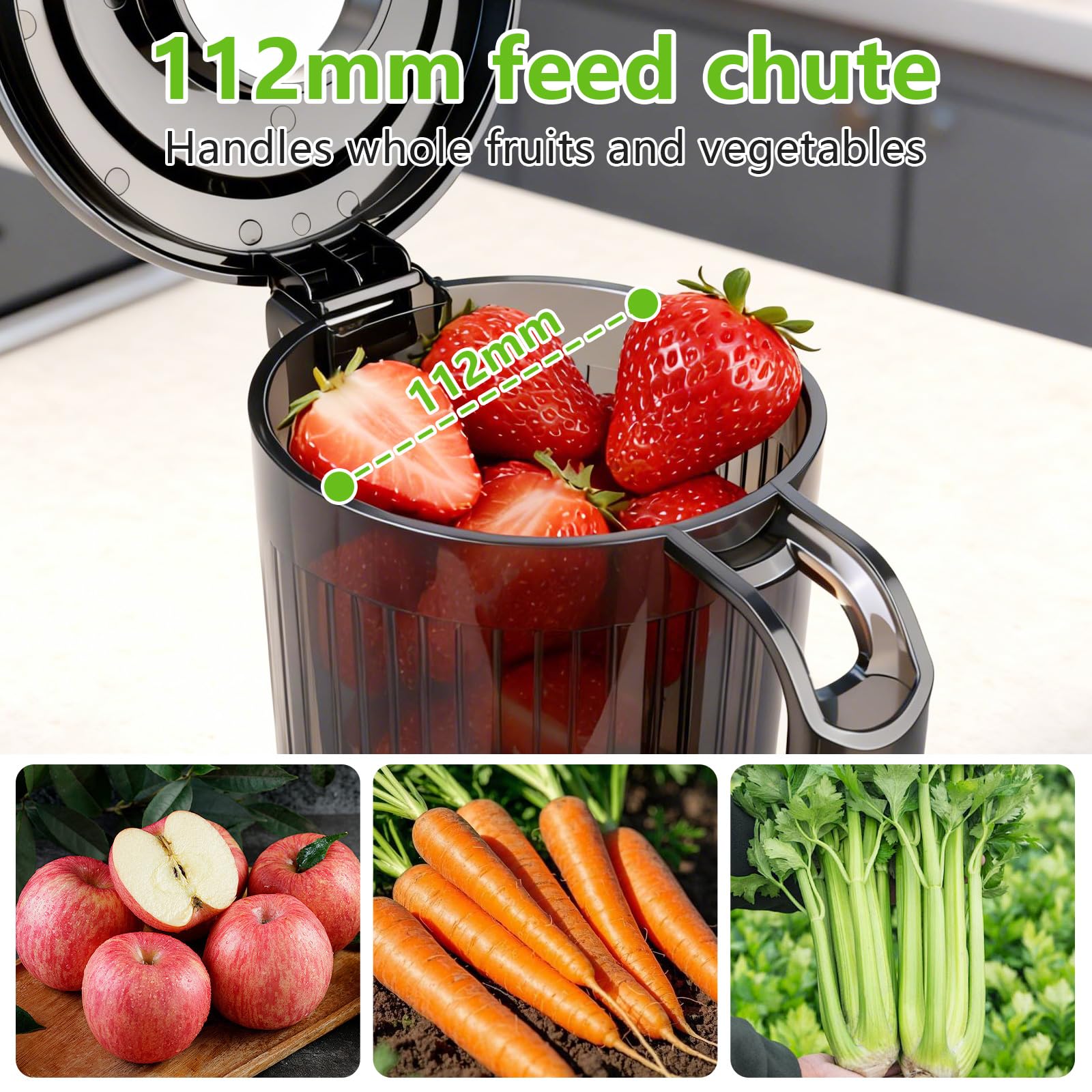 Sokowirówka Slow Juicer 200 W z dużym otworem wlotowym 112 mm do całych warzyw i owoców, zwycięzca testu, nie zawiera BPA, łatwa do czyszczenia, czarna