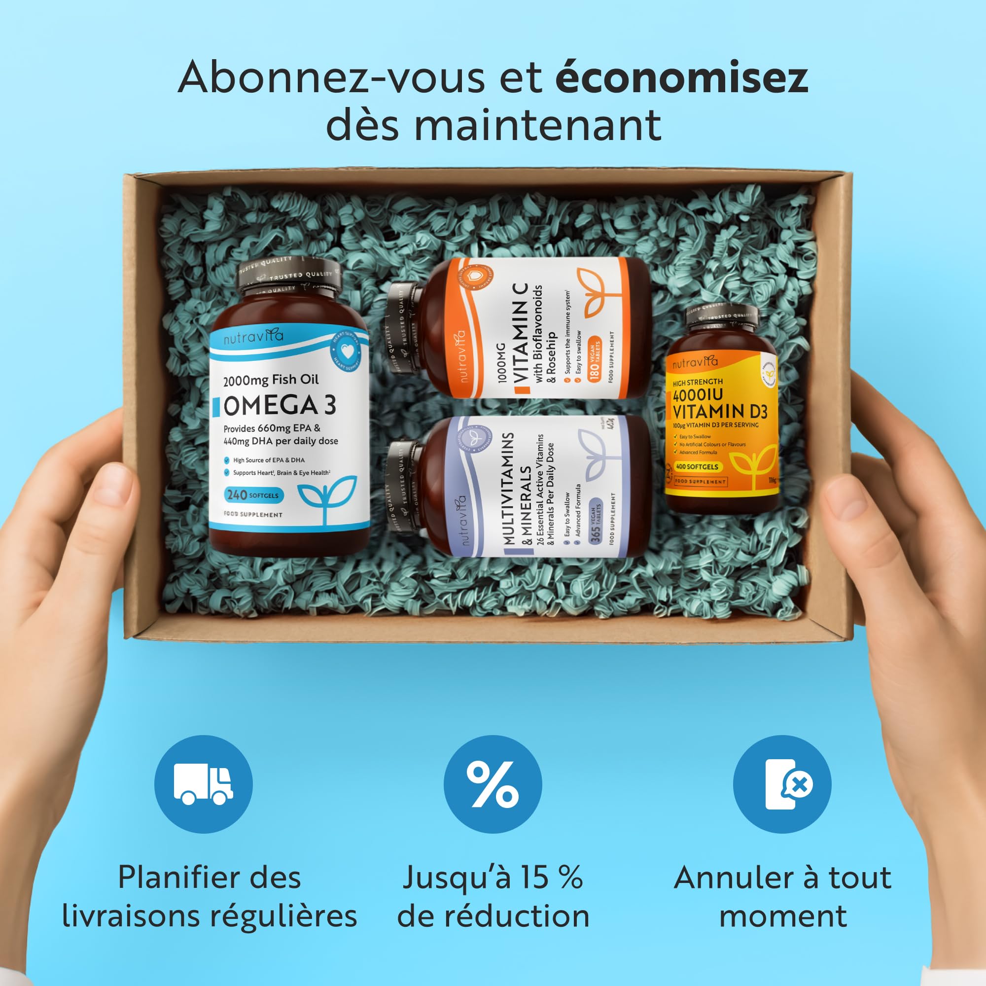 Nutravita Gélules molles Vegan d'Oméga 3 haute résistance 2000 mg - 600 mg de DHA et 300 mg d'EPA par portion - Gélules molles d'Oméga 3 à base de plantes dérivées d'huile d'algue durable