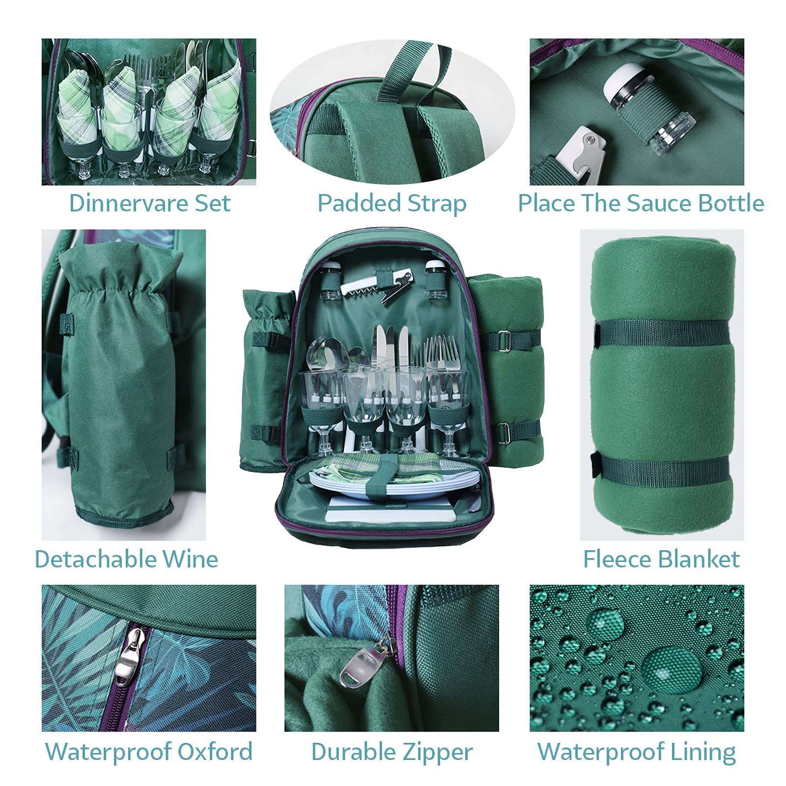 Zaino Da Picnic Per 4 Persone - Con Posate, Scomparto Isotermico E Coperta Impermeabile, Verde - Foto 3