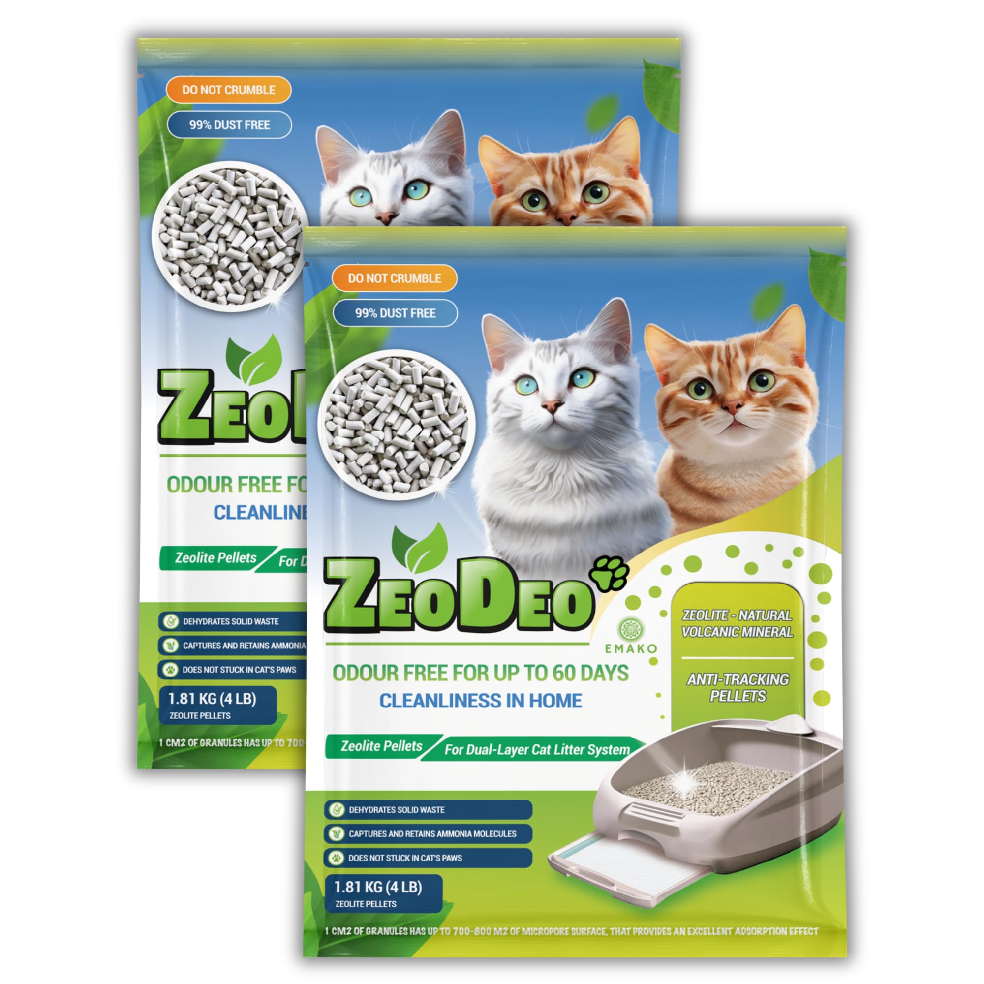 "ZeoDeo"-Natural Zeolite Cat Litter Pellets for dual-layer cat litter systems. Each pack 1.81kg (portion 1.59kg +22g to cover normal pellet loss) (2 packs X 1.81 kg (3.62kg=8 Lb))